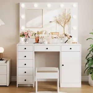 Makeup Vanity Desk with Lights, 47" Modern Vanity Table with Charging Station & Adjustable Light, White Makeup Dressing Table with 7 Storage Drawers and Cabinet for Bedroom
