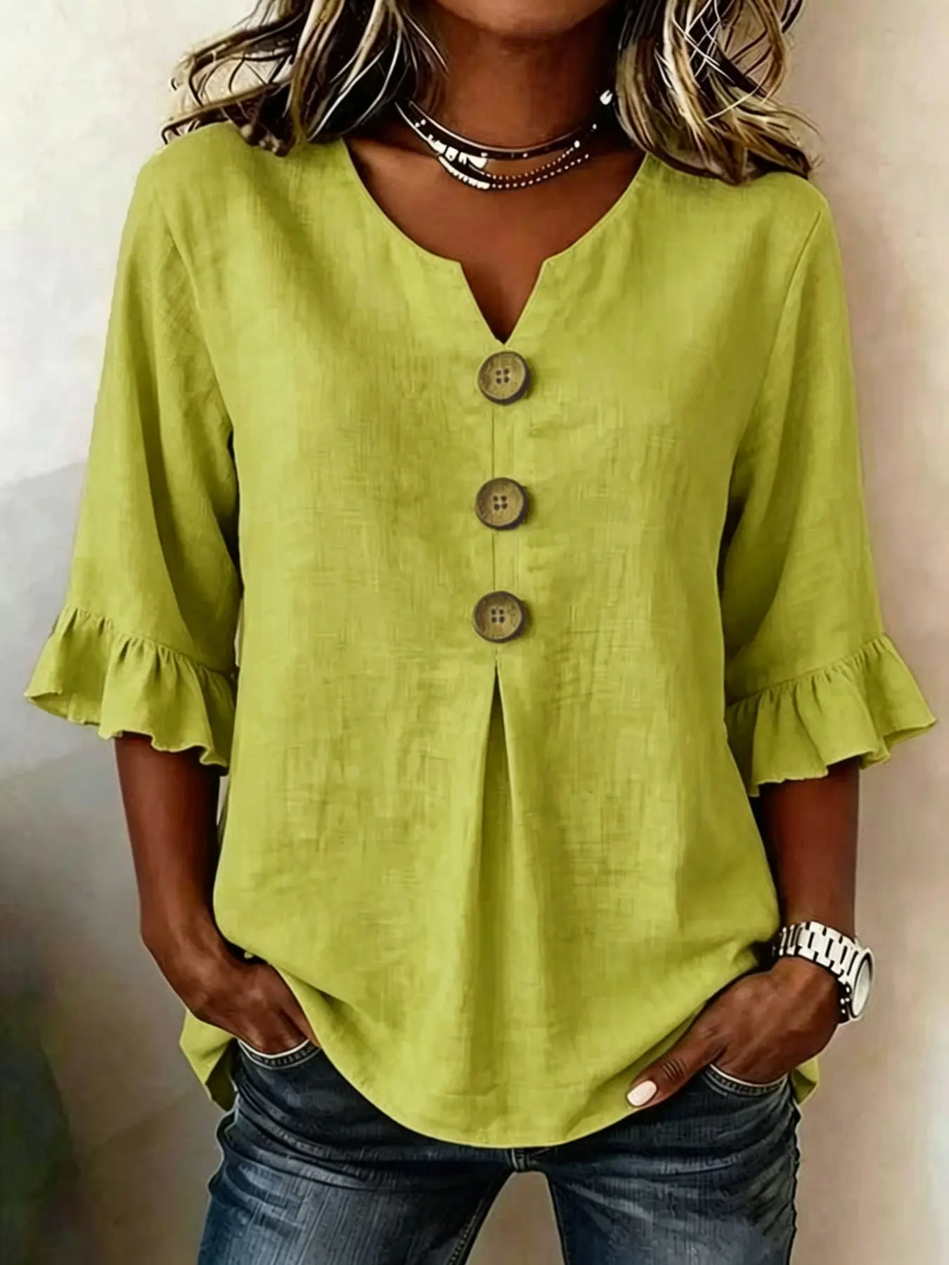 Women's Plus Size Solid V-Neck Buttoned Ruffle Three Quarter Sleeve Loose Fit Casual Top T-Shirt Blouses, Comfortable and Stylish Design
