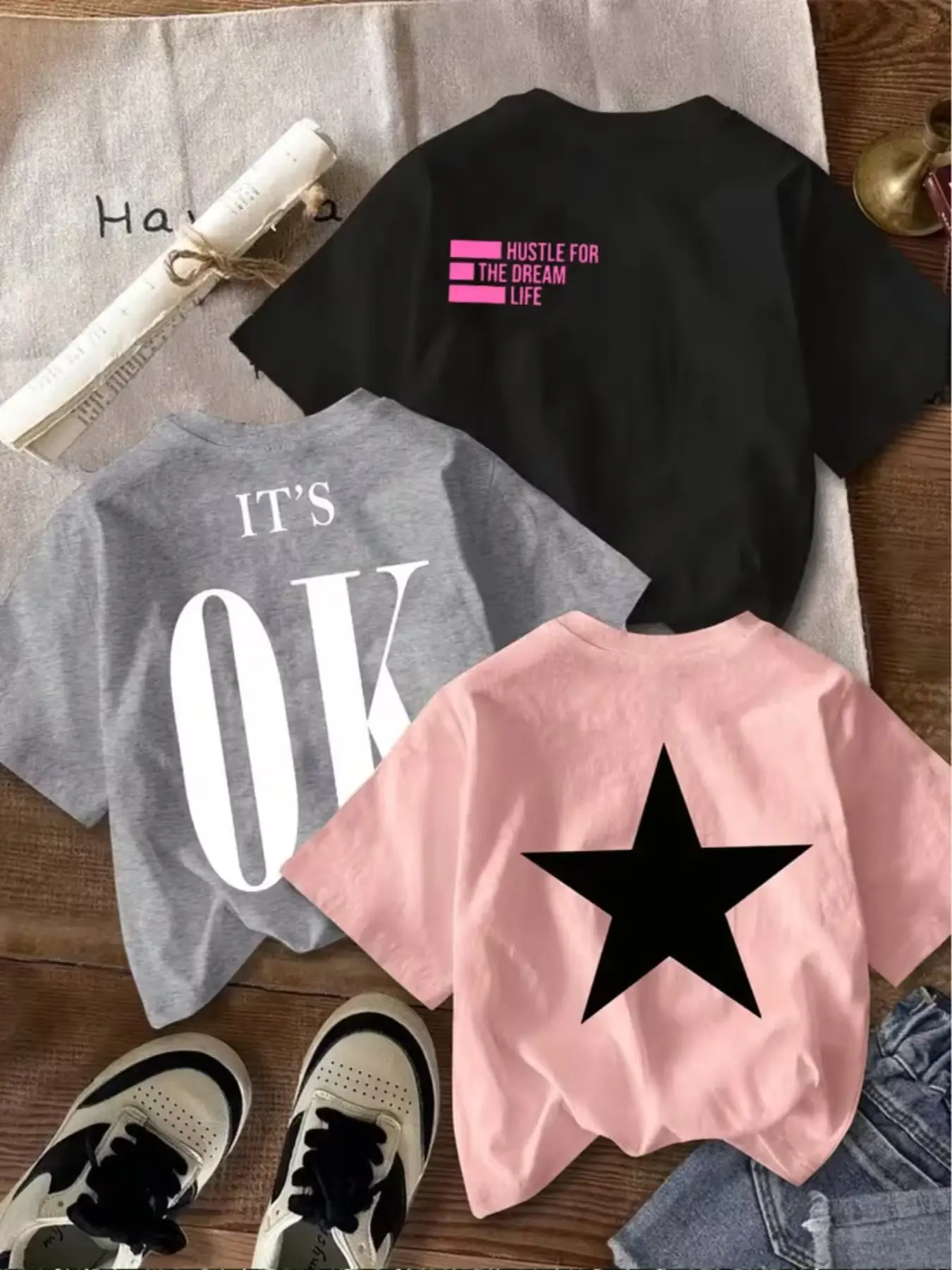 3-Pack Girls' Casual Short Sleeve T-Shirts, Graphic Printed Tees, Inspirational Quotes & Star Pattern, Soft Round Neck Summer Tops, Mother's Day Gift
