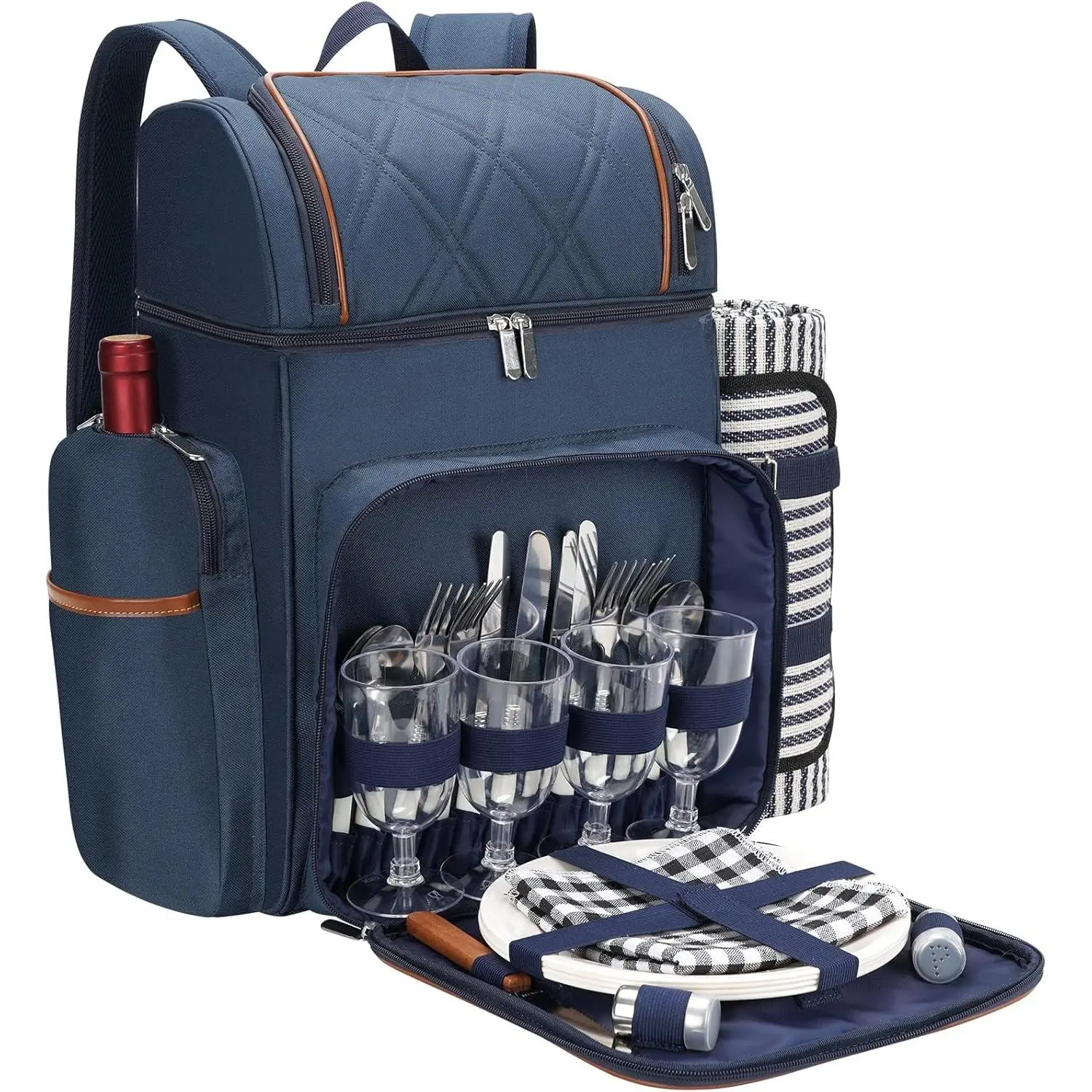 Leakproof Insulated Double Deck Picnic Backpack for 4, Portable Picnic Basket Set with Cooler Wine Pouch & Picnic Blanket, Navy Blue Cooler Backpack for Beach Camping Park
