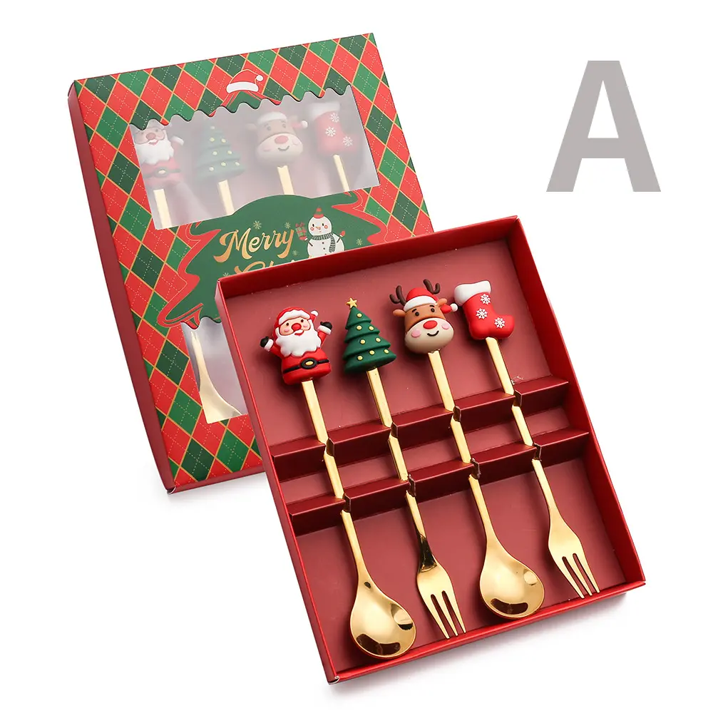 4 Piece Christmas Creative Stainless Steel Spoon Set, Coffee Stirrer, Dessert Fork, Baby Spoon and Fork, Perfect for Halloween and Christmas Gifts