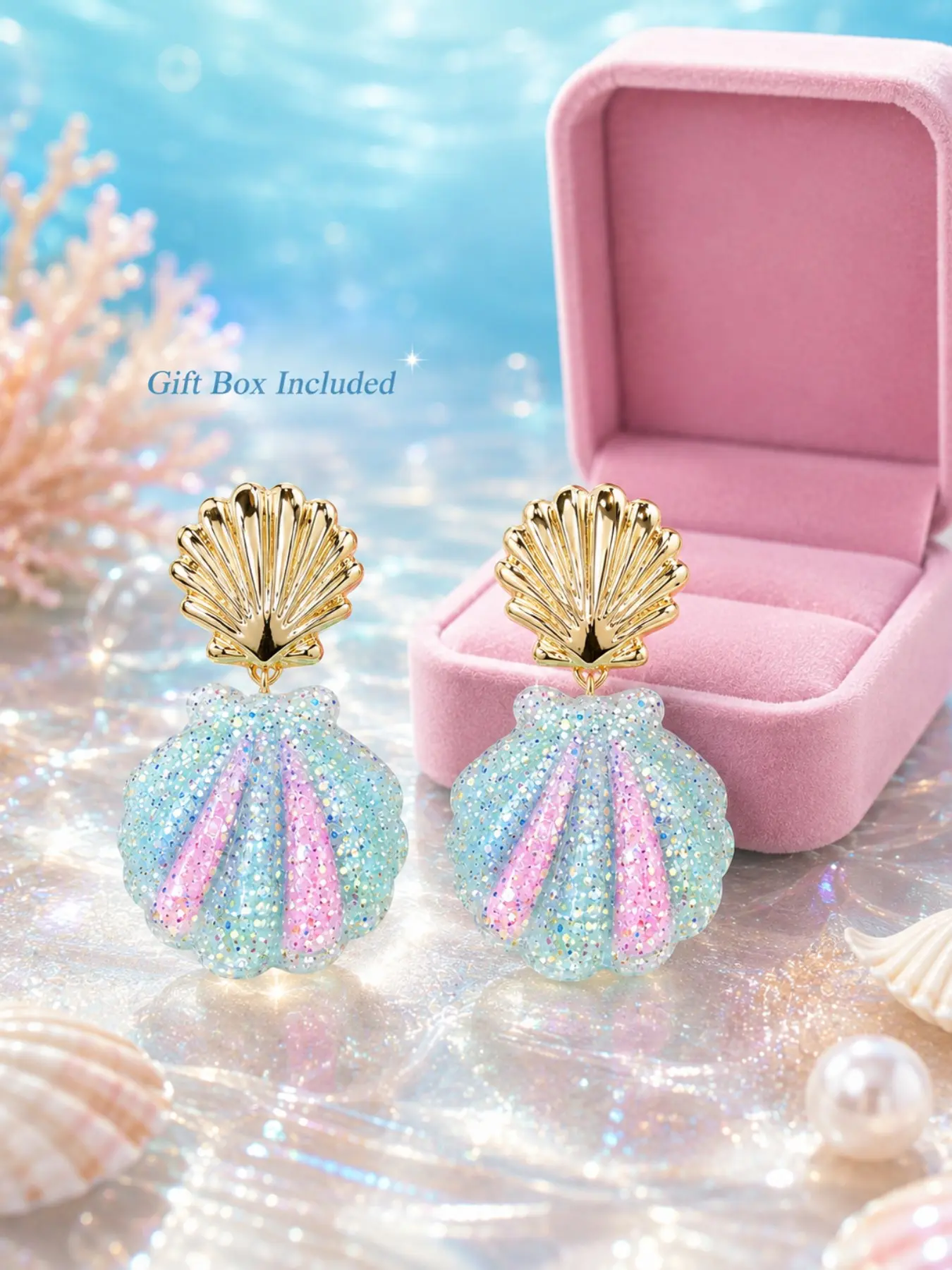 Glitter Seashell Dangle Earrings for Women, Blue Pink Shell Drop Earrings with Gold-Tone Scallop Studs, Sparkly Mermaid Inspired Coastal Jewelry in Pink Jewelry Box, Back to School Bridesmaid Wedding Holiday Gift for Her