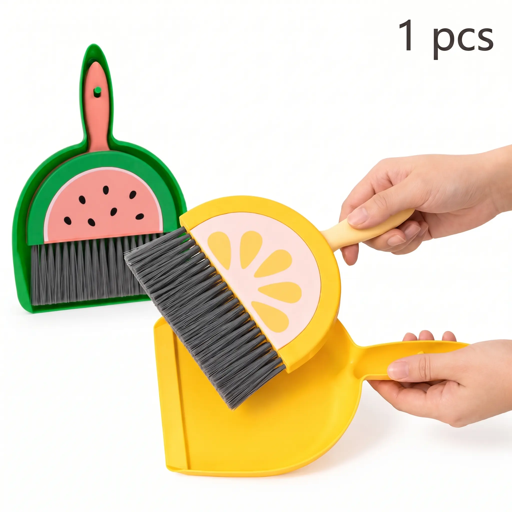 Mini Broom and Dustpan Set - Cute Fruit Shape Design with Dense Bristles, Small Size Hand Brush for Desk Cleaning, Countertops, and Small Messes, Playful Look