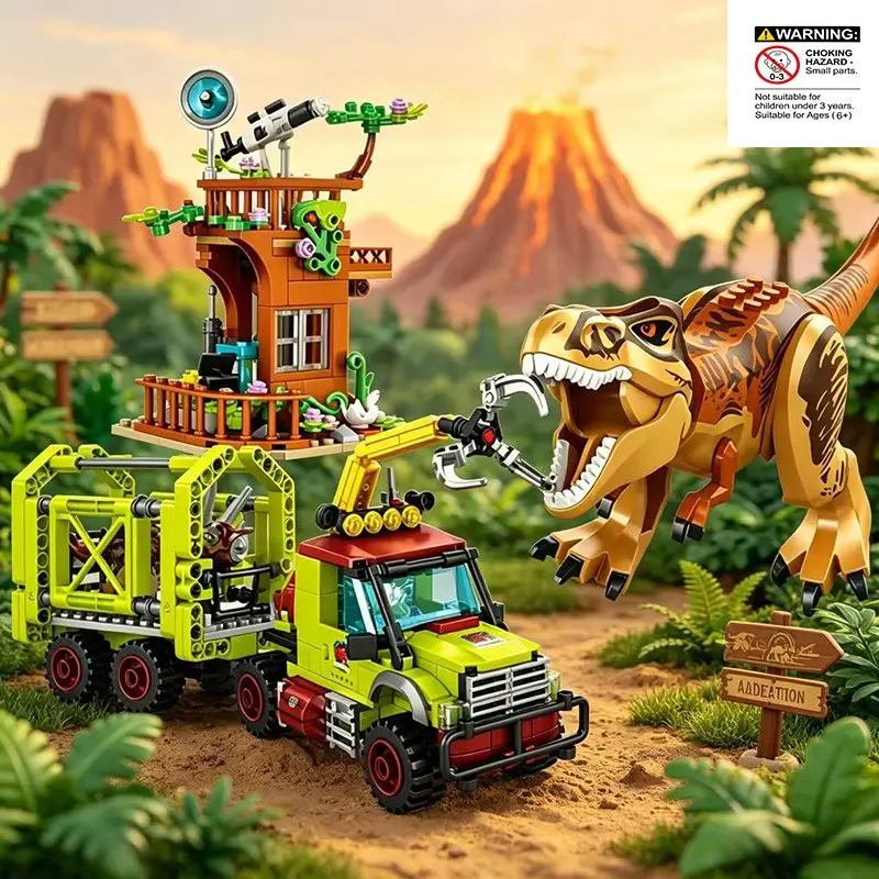 Dinosaur Rescue Transport Truck Building Blocks Set, Triceratops Capture Vehicle Model, Jurassic Tyrannosaurus Puzzle Toy, Kids Gift