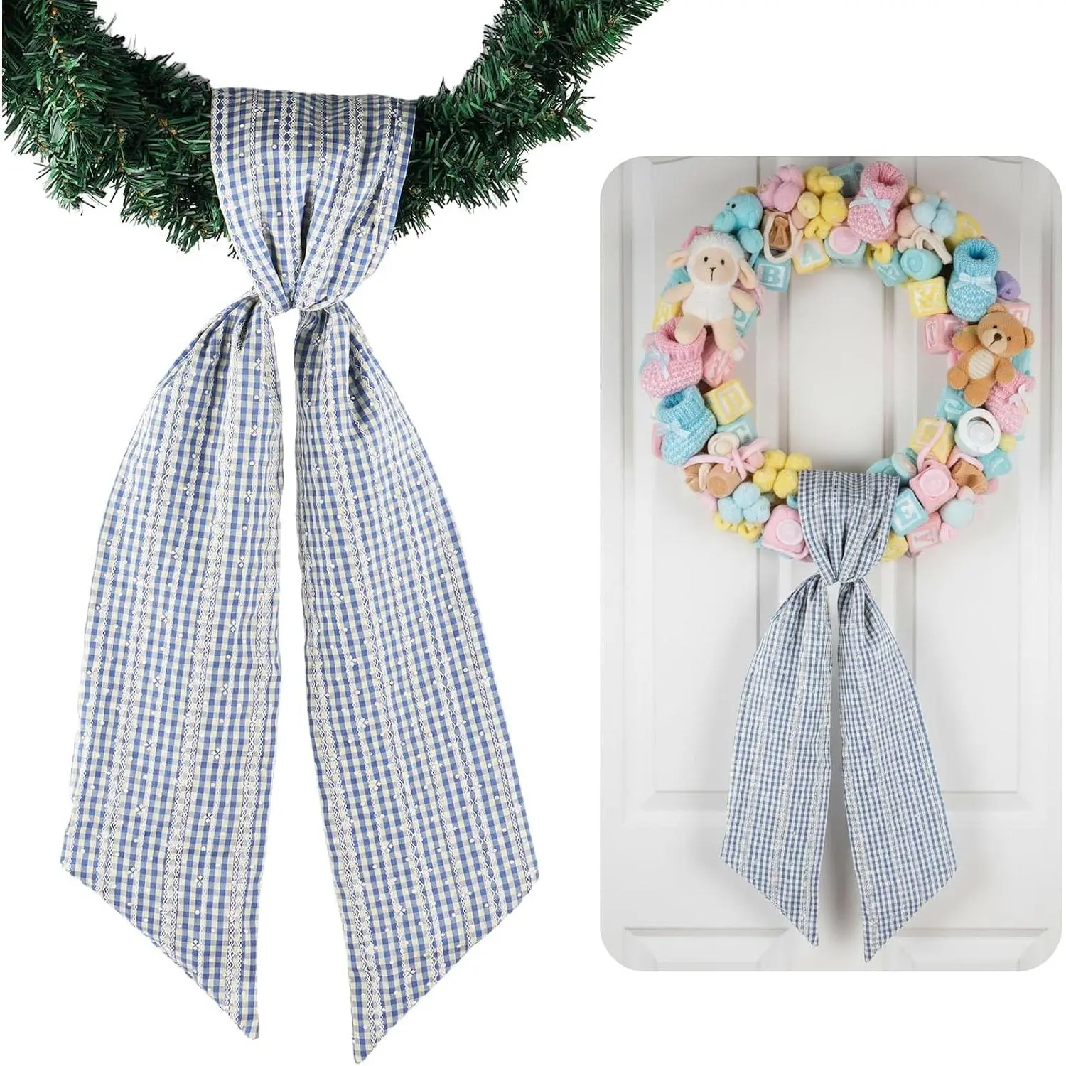 Blue Beige Jacquard  Wreath Sash Front Door Decoration, 5.12" x 54.33" Blank Sash Spring Summer Modern Holiday Party Bow Ribbon Contemporary  Decor Accessories