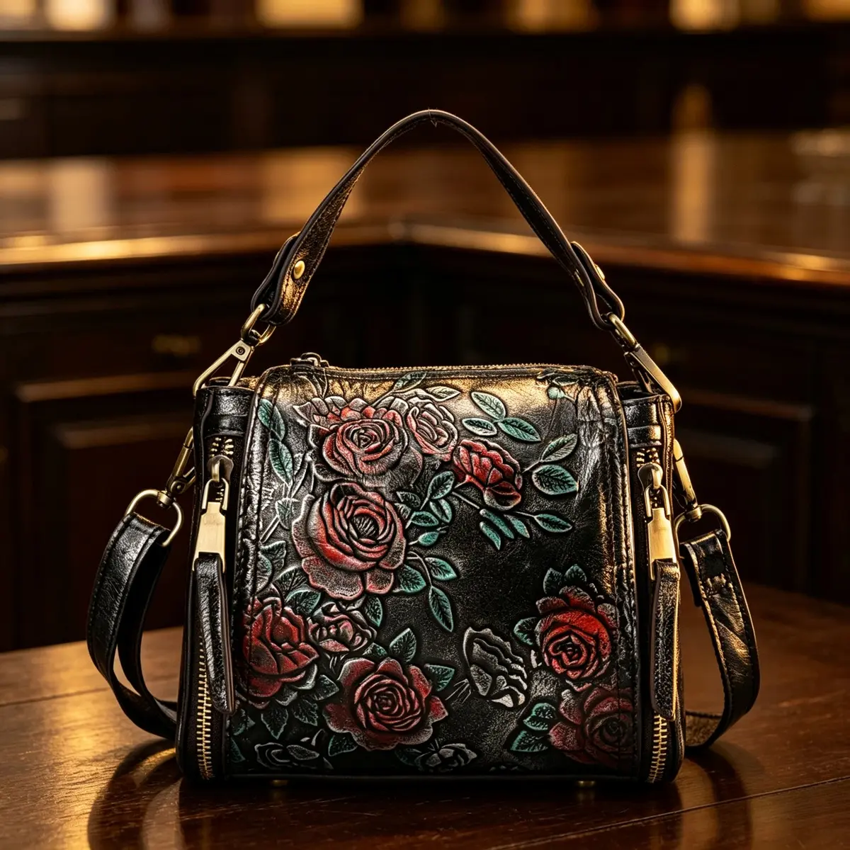 Women's retro embossed rose bucket handbag, retro black leather square shoulder wallet, multi zipper design, detachable and adjustable horizontal shoulder strap, suitable for daily outings, shopping, dating, streetwear, and art festival gifts