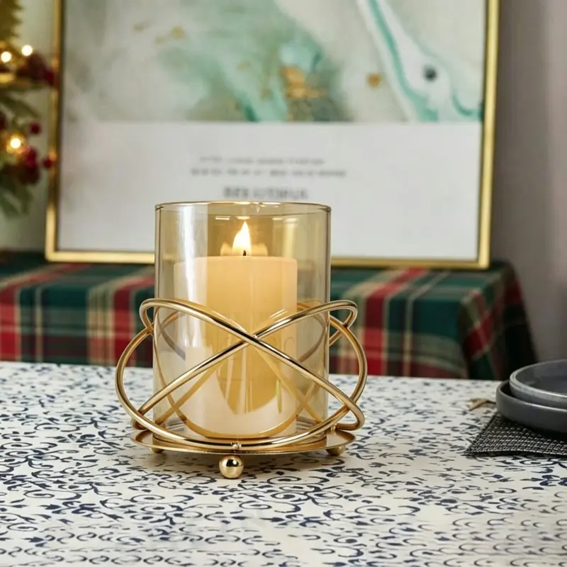 Handmade Candle Holder with Amber Glass Windshield, Decorative Piece for Home, Wedding, Christmas, New Year Gift