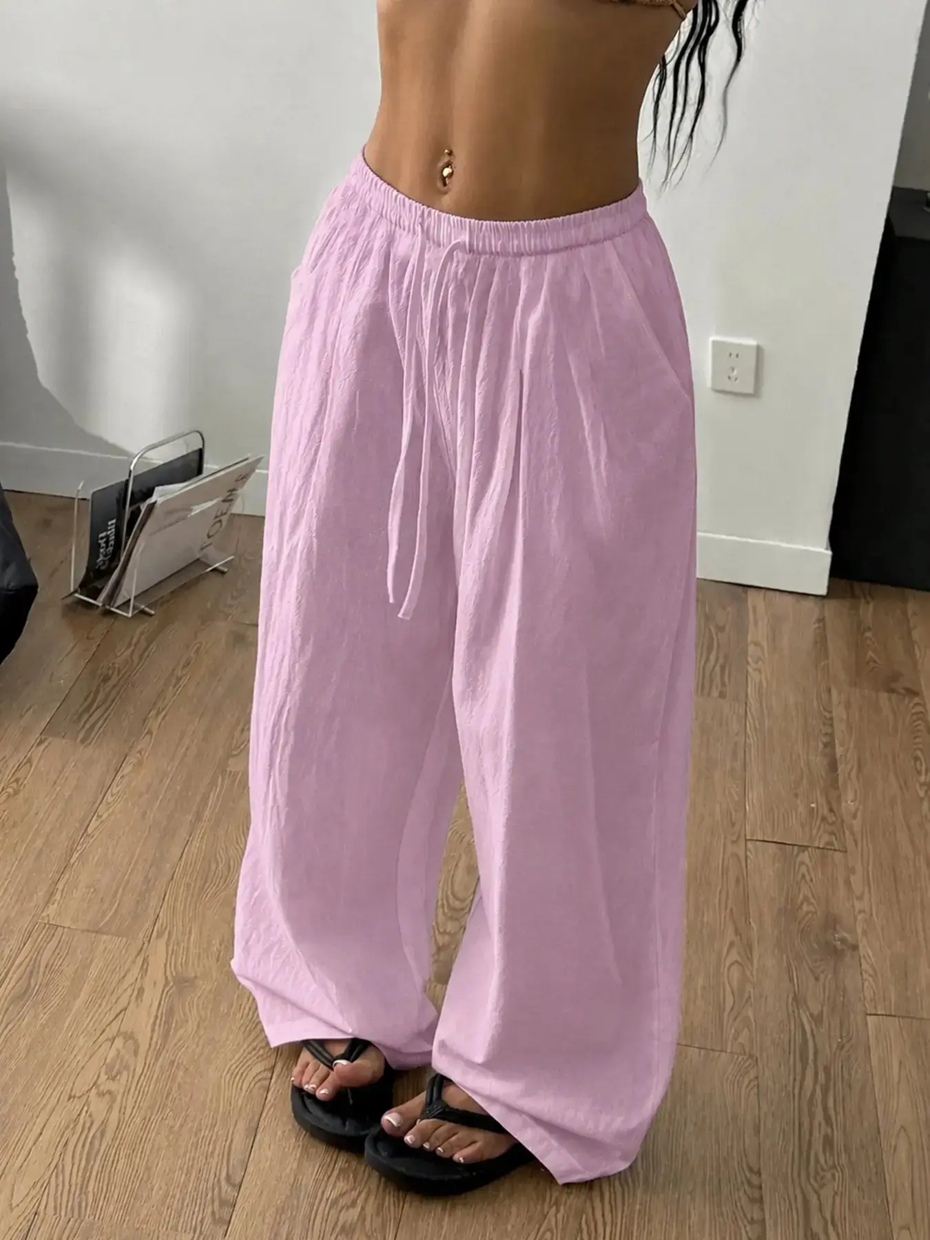 Women's High-Waisted Drawstring Wide Leg Pants, Lightweight Wrinkle Texture, Loose Fit Floor-Length, Casual Beach Vacation Summer Pants with Pockets