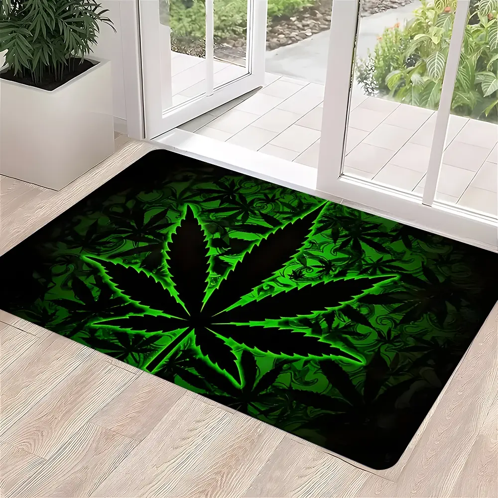 Psychedelic Cannabis Leaf Doormat, Outdoor Entryway Doormat, Neon Green Weed Design Entrance Rug, Absorbent Floor Mats, Anti-slip Quick drying Soft Carpets, Suitable for Multi-scenario, Indoor Outdoor Entrance Carpet Home Decor