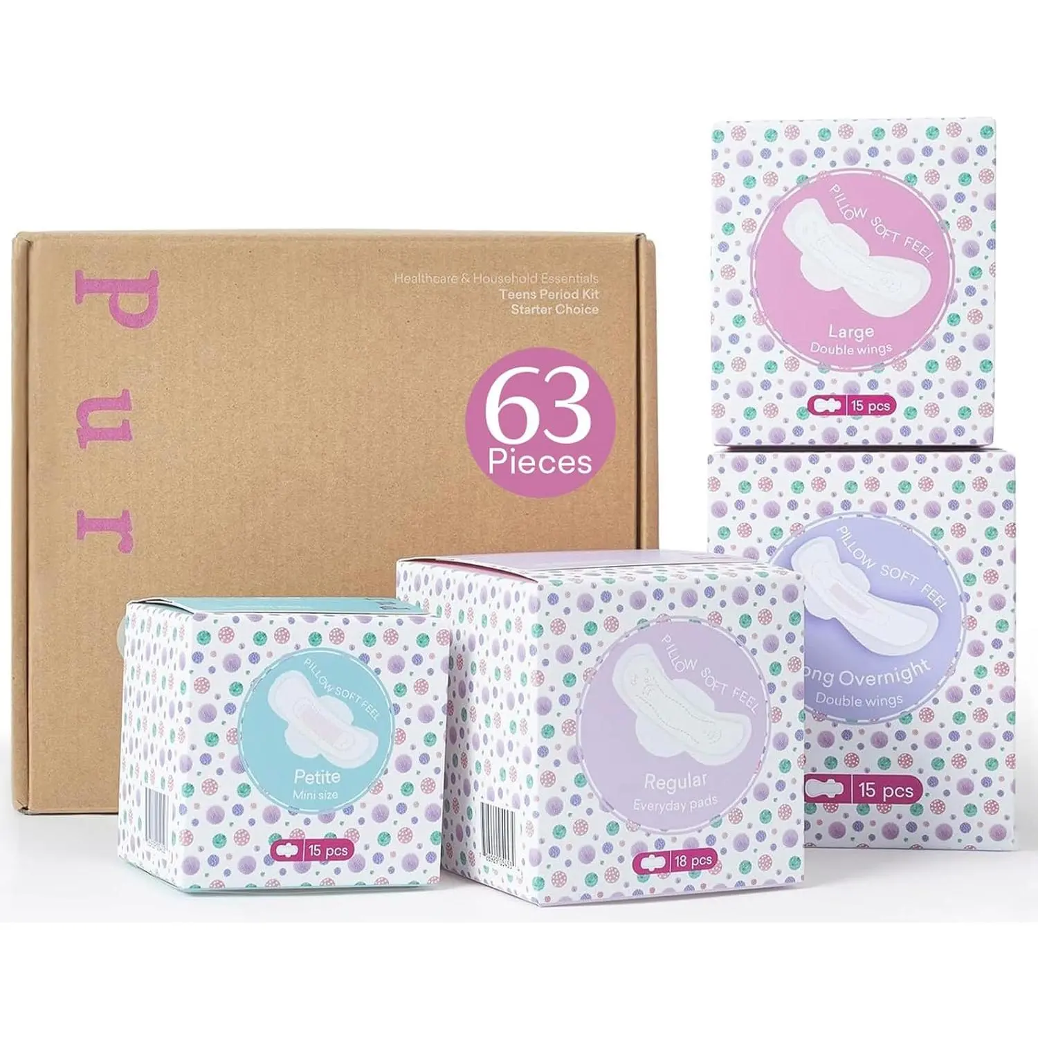 PurComfy Teens First Period Starter Kit for Girls 9-10-11-12-14 63pcs Period Pads for Tweens Teens, Menstrual Pad Box for Girls Period Kit for School, 4 Essential Size fit for Tween Period Underwear