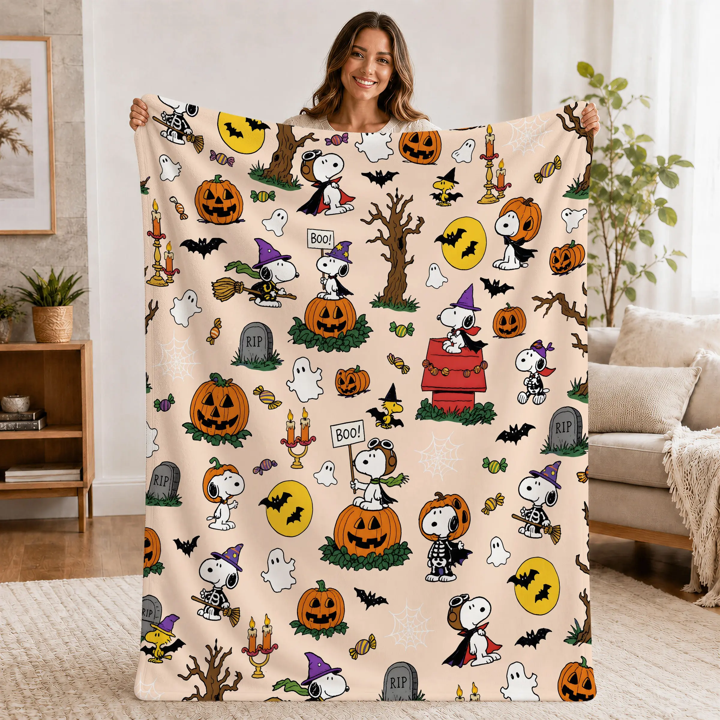 Halloween Cartoon Snoopy Fluffy Throw Blanket, Ultra Soft Warm Fleece, Ideal for Couch Sofa Bed, Perfect Spooky Festival Gift
