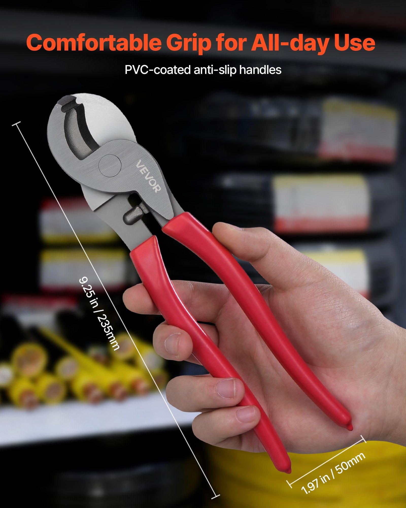 VEVOR High Leverage Cable Cutter, 9-1/4 in Compact, Forged Blades and PVC-Coated Handles, Heavy Duty Cable Cutting Pliers Tool for 4/0 AWG Aluminum, 2/0 AWG Soft Copper and 100-Pair 24AWG Comm Cables VEVOR High Leverage Cable Cutter, 9-1/4 in Compact, Forged Blades and PVC-Coated Handles, Heavy Duty Cable Cutting Pliers Tool for 4/0 AWG Aluminum, 2/0 AWG Soft Copper and 100-Pair 24AWG Comm Cables