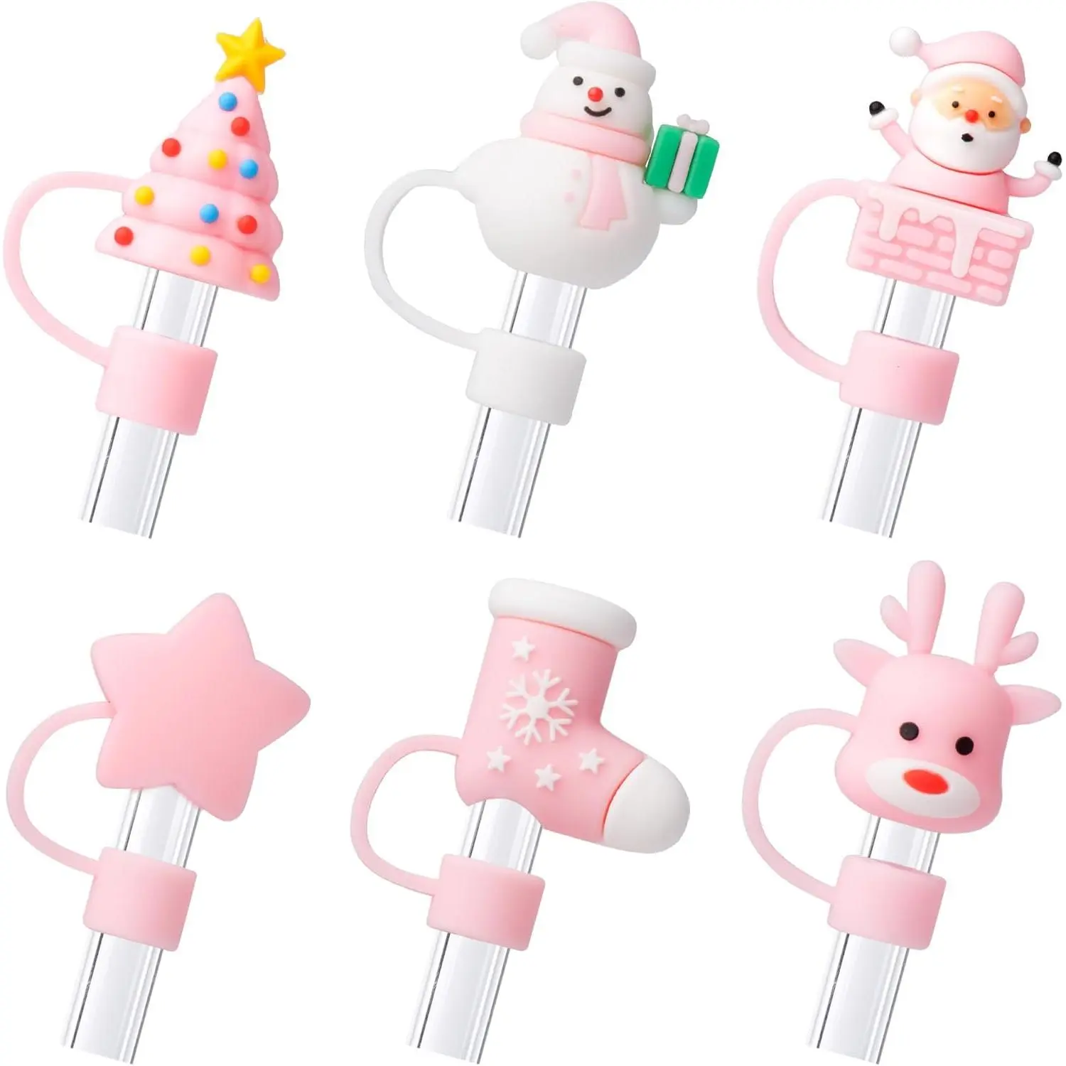 6 Count Christmas Pink Straw Cover Cap for Stanley Cup 40oz/30oz Tumbler, 10mm Reusable Cute Drinking Straw Topper Accessories, Portable Protector Plugs Decorations Gifts for Party Christmas