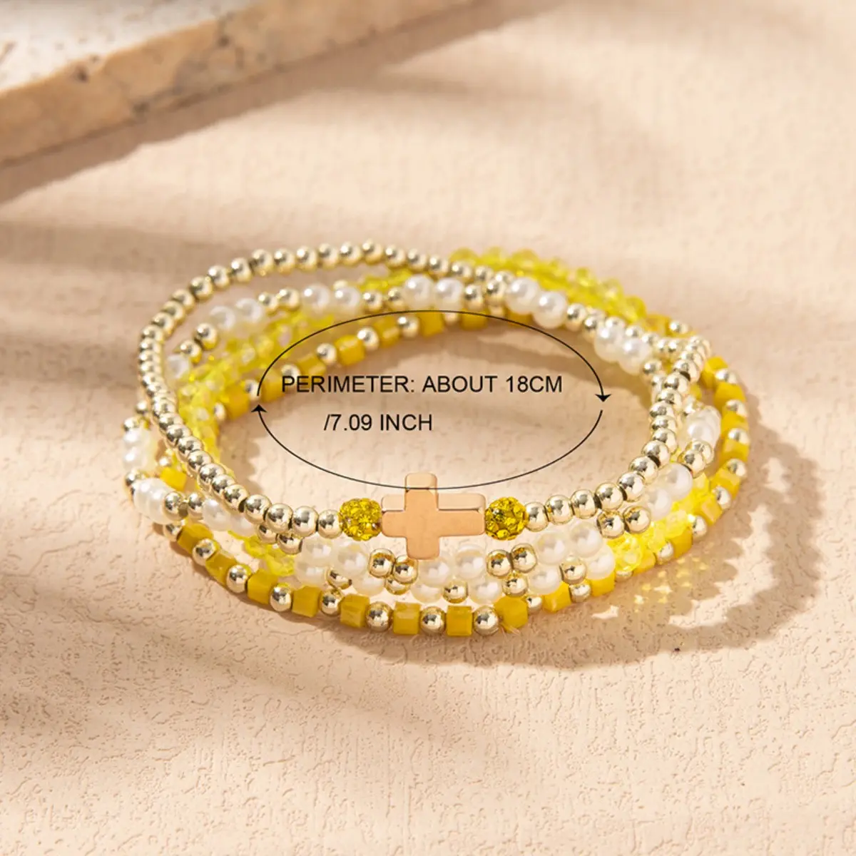 Women's 3-Layer Yellow White Pearl Silver Beaded Cross Stackable Set, Gold-Plated Religious Gifts, Elastic Stretch Wrist Accessory for Catholic DIY Bag Decor by Sohochic