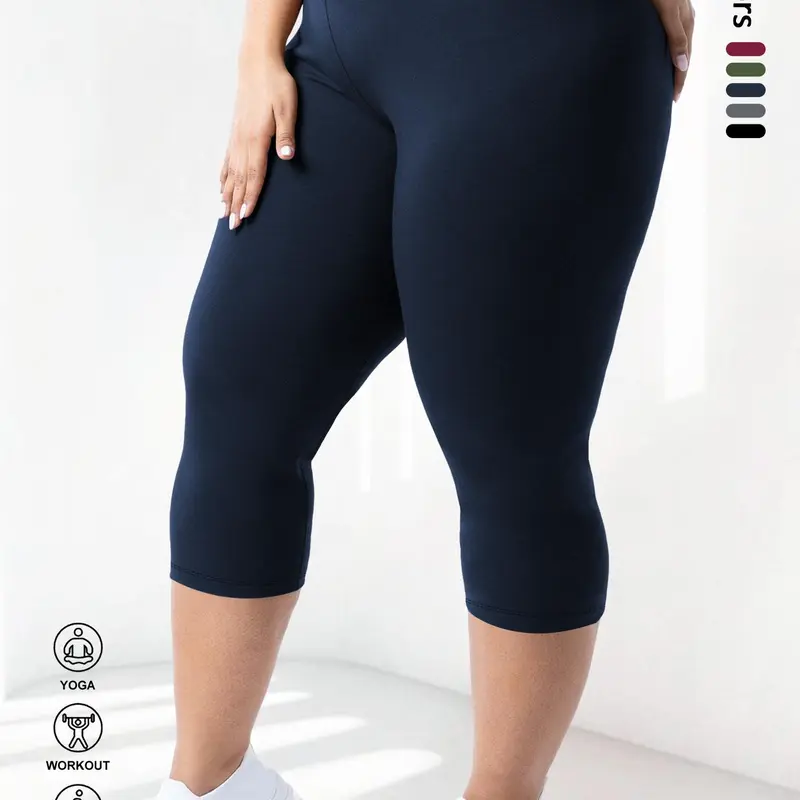 Plus Size Solid Stretchy High Waist Capris Leggings, High Waisted Sportswear, Comfy Breathable Skinny Pants for Daily Workout Yoga Wear, Women's Bottoms for Indoor Outdoor Wear, Shaping Leggings, All Season Activewear