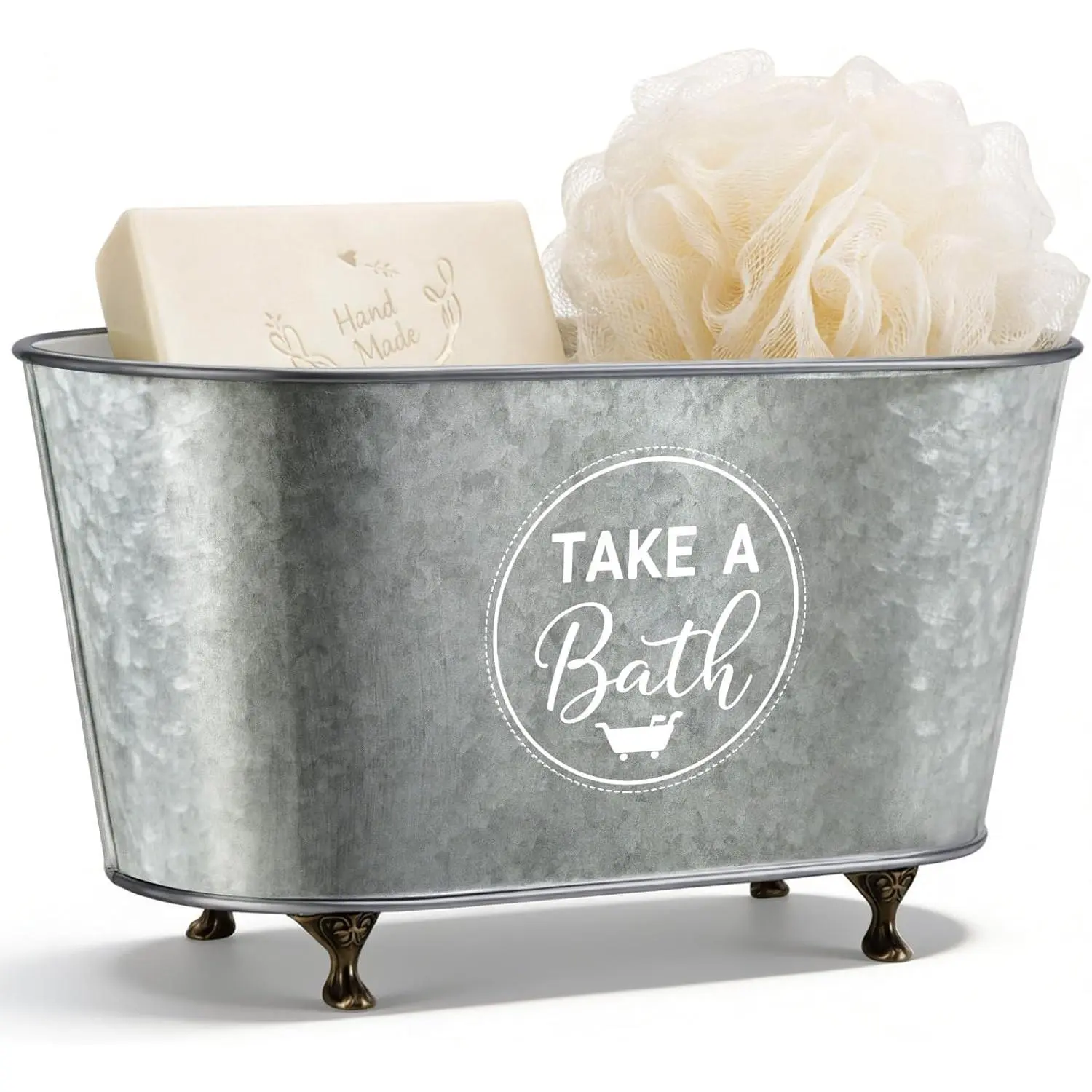 10.63" Vintage Bathtub Shaped Storage Box Galvanized Decorative Bathtub Bar Soap Dish Container with Bronze Claw Feet Kitchen Sponge Holder and Shower Tray for Bathroom Storage Accessories