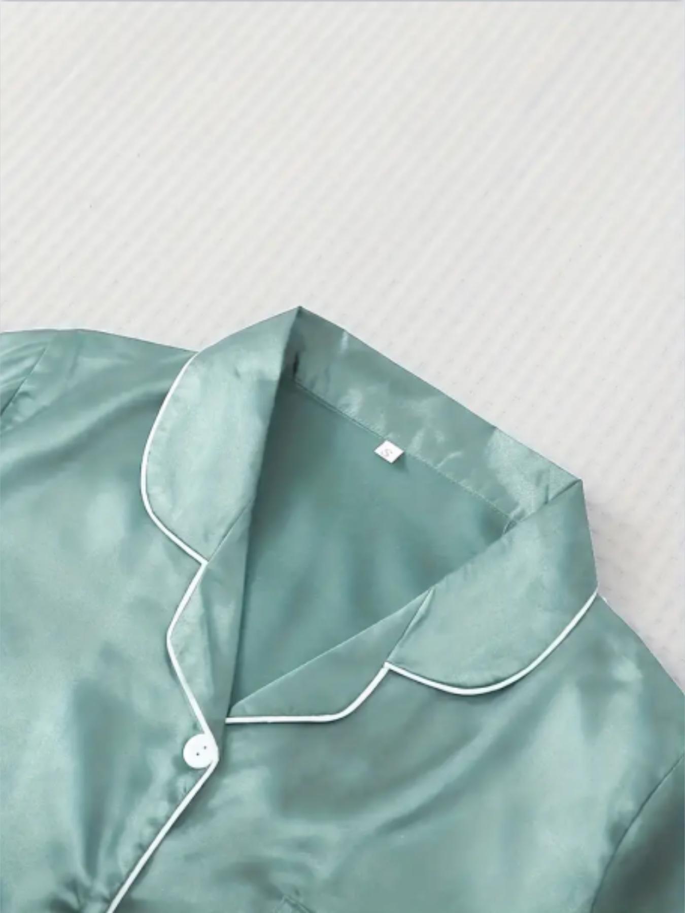 Women's Solid Contrast Binding Bow Decor Pajama Set, Short Sleeve Button Front Lapel Shirt & Shorts Pj Set, Ladies Summer Sleepwear & Loungewear