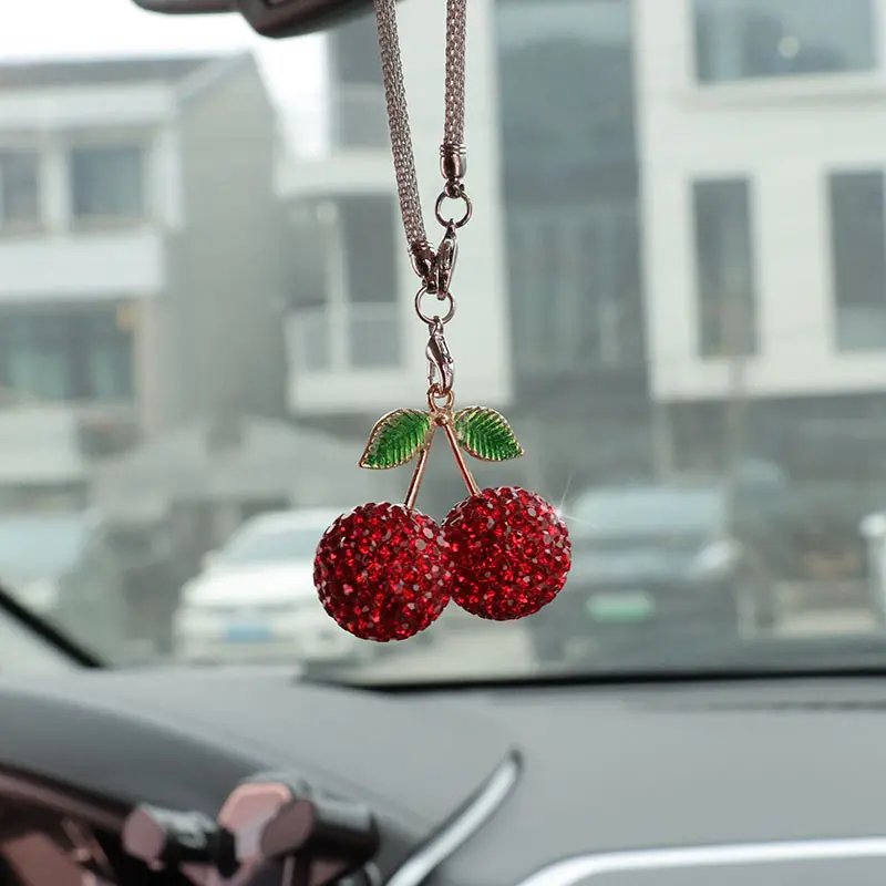 Bling Rhinestone Cherry Car Hanging Ornament - Crystals, Adorned with Rhinestones, Women's Aesthetic Decoration for Rearview Mirror, Cute Feminine Racing Car Interior Decor, Bling Cherry Design, Feminine Touch, Car Trinkets, Car Accessories Cute