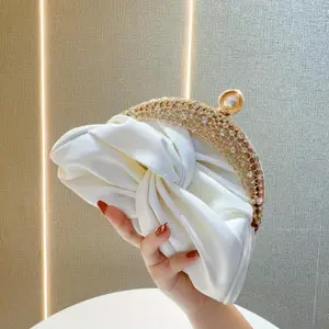 Women's Elegant Evening Clutch Purse, White Mini Box Clutch with Pearl Accents, Rhinestone Crown Clasp and Removable Chain Strap