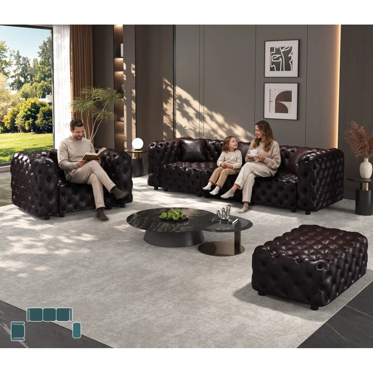 Aobtkel 103.8" L-Shaped Modern Sturdy Faux Leather Sectional Couch - 4-Seater Boneless Modular Sofa Set with Handmade Button Tufting, 4 Pillows, Multi-Combination for Living Rooms, Dark Brown Chenille Comfy Couch for Entertaining, Family, Boneless Section