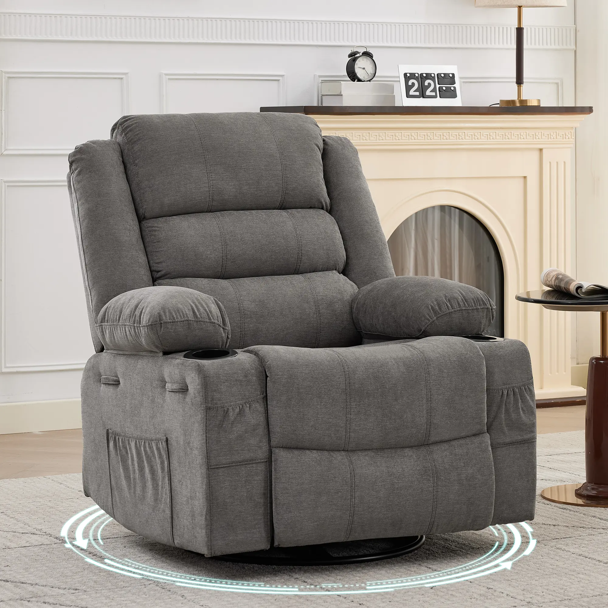 Oversized Rocking Recliner Chair for Adults, 360° Swivel Glider Single Sofa,  Deep Seat, Cup Holder, Upholstered in PU Leather or Linen, Comfortable Lounge for Living Room or Nursery
