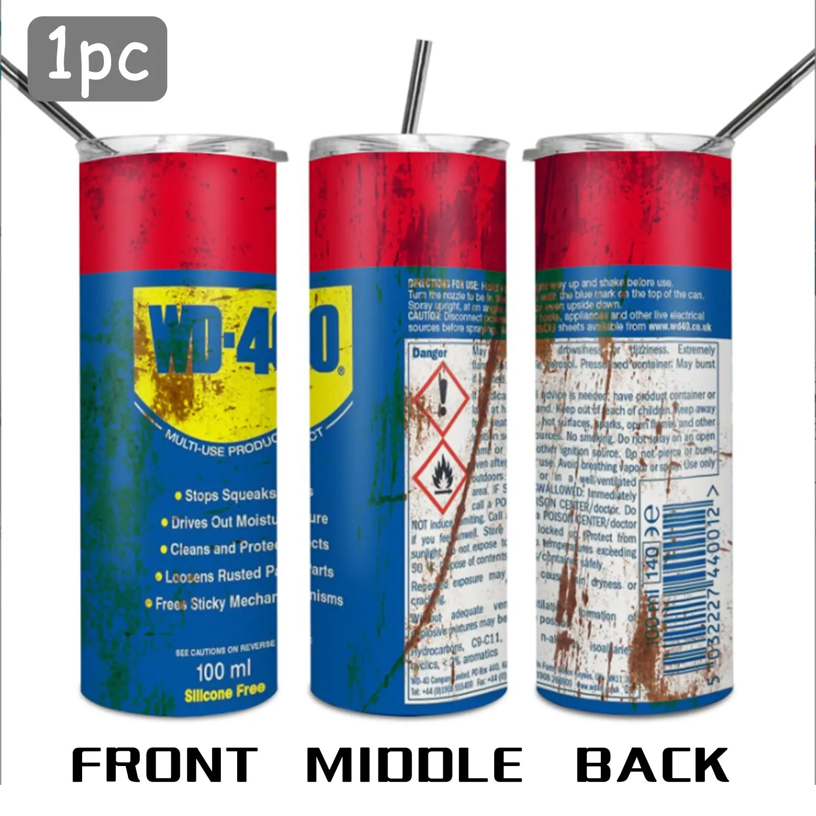 1 Pc 20oz WD-40 Theme Stainless Steel Tumbler, Insulated Tumblers, Vacuum Insulated Flask, With Lid & Straw, Hot 6h, Cold 12h, Gift For Men, DIY Lovers, Mechanics, For Garage, Shop, Outdoor Work, Rusty Metal Style, Car Cup, Travel Mug, Drinkware, Portable