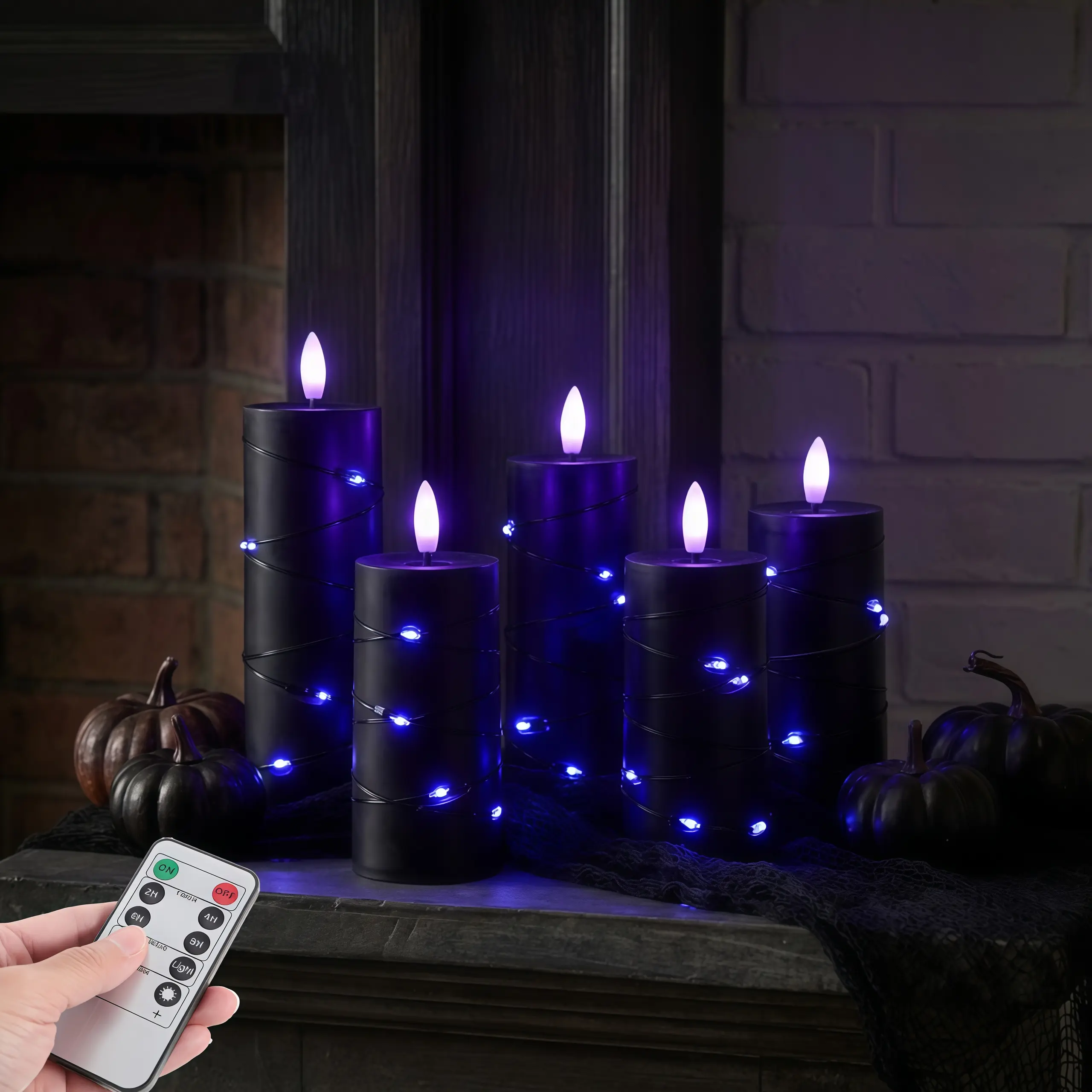 5 Pack Black LED Flameless Candles with External Purple Fairy Light Strings, 3D Flickering Simulated Wicks, Remote Control with 2H/4H/6H/8H Timer & Dimmable, Battery Operated for Halloween Christmas Party Decorations
