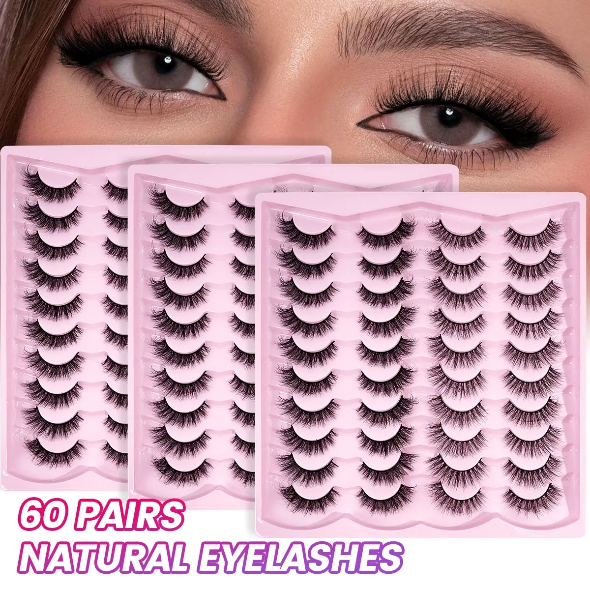 MAANGE 60 Pairs Natural C Curl False Eyelashes Set, 3D Wispy Faux Mink Strip Lashes, Soft Lightweight Reusable Fake Eyelashes, Comfort Volume Lashes for Daily & Party Makeup, Beginner Friendly Easy Wear Eyelashes Fit All Eye Shapes
