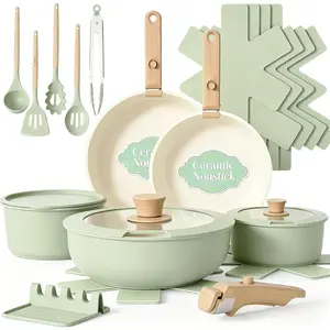 Non Stick Pots and Pans Set, 21 count Ceramic Kitchen Cookware Set with Detachable Handle, Nonstick  Induction Cookware, Dishwasher RV Cookware Set, Oven Safe, Stackable, Sage Green