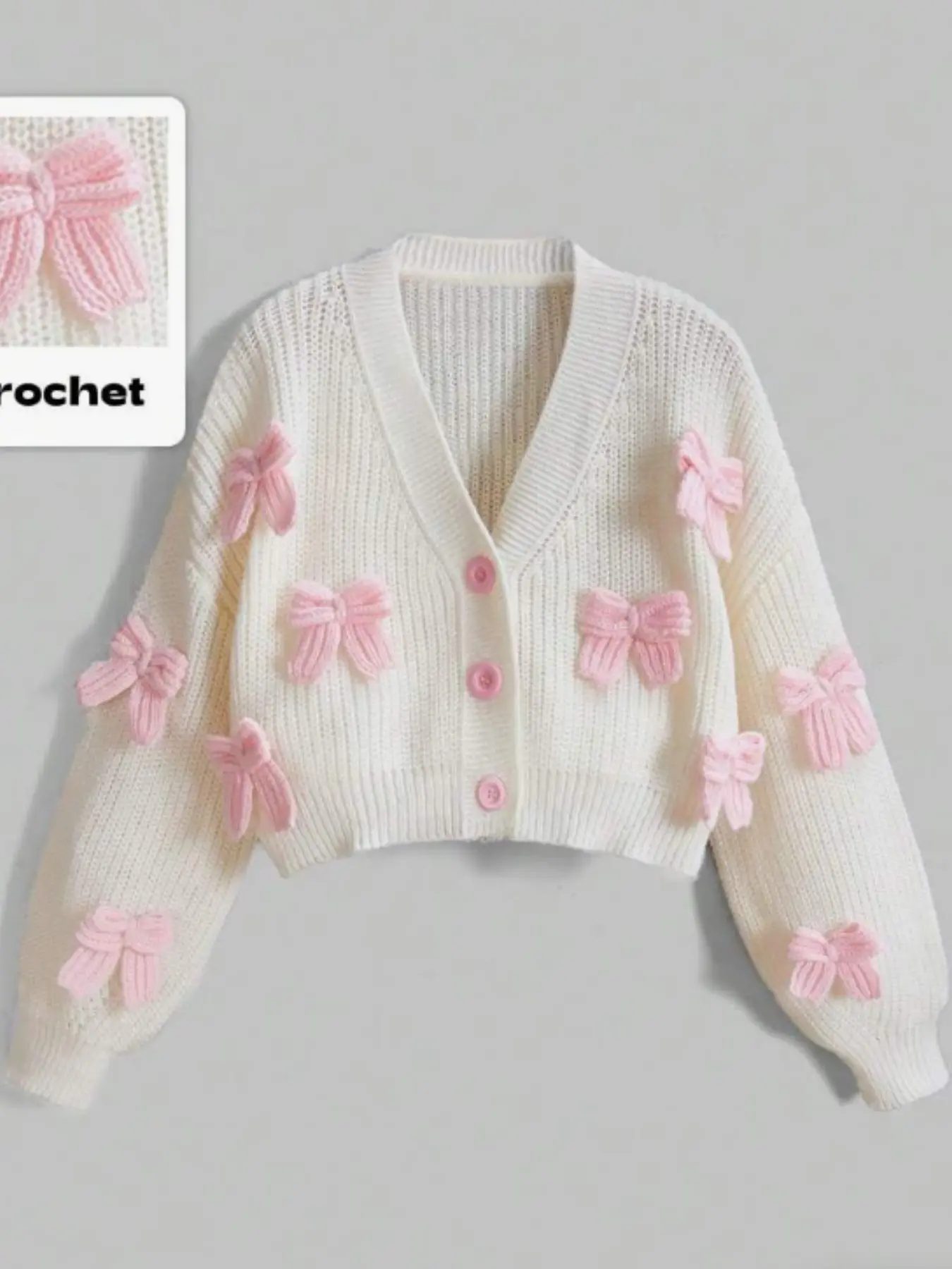 Women V Neck 3D Bow Cropped Knit Cardigan, Long Sleeve Button Up Hollow Rib Sweater, Cute Sweet Coquette Aesthetic Shrug Jacket