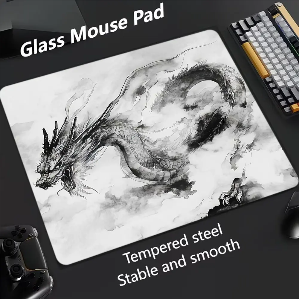 Watercolor Flying Dragon Glass Mouse Pad, Ultra-Smooth Tempered Glass, Artistic Design, Large Size Gaming Mouse Pad, Ideal for Gaming and Office Use, Tempered Glass Mousepad