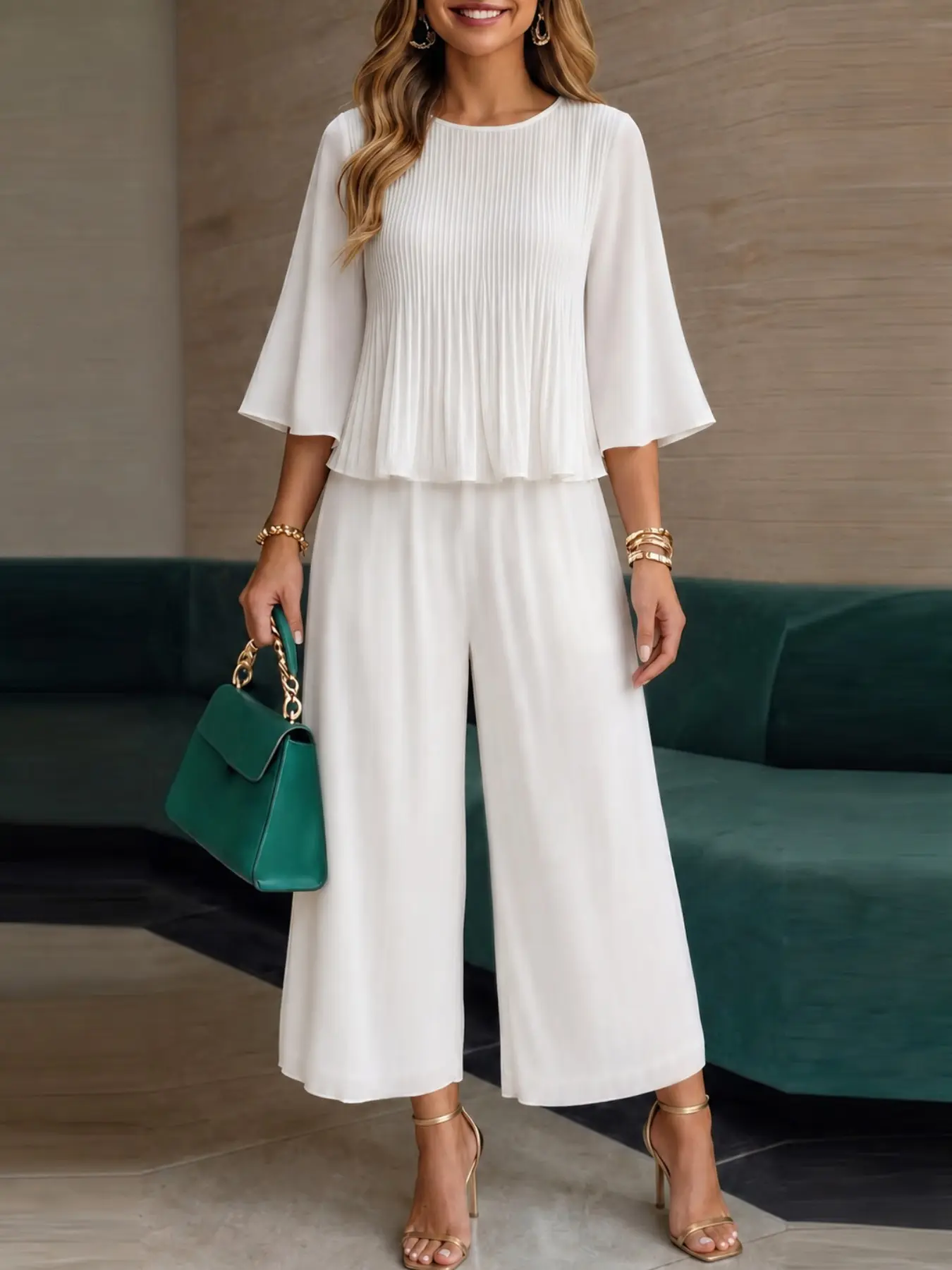 ZANZEA Women's Round Neck 3/4 Sleeve Loose Solid Blouse and Pants Set, Casual Two-Piece, Lightweight Fabric, Daily Wear, Korean Style