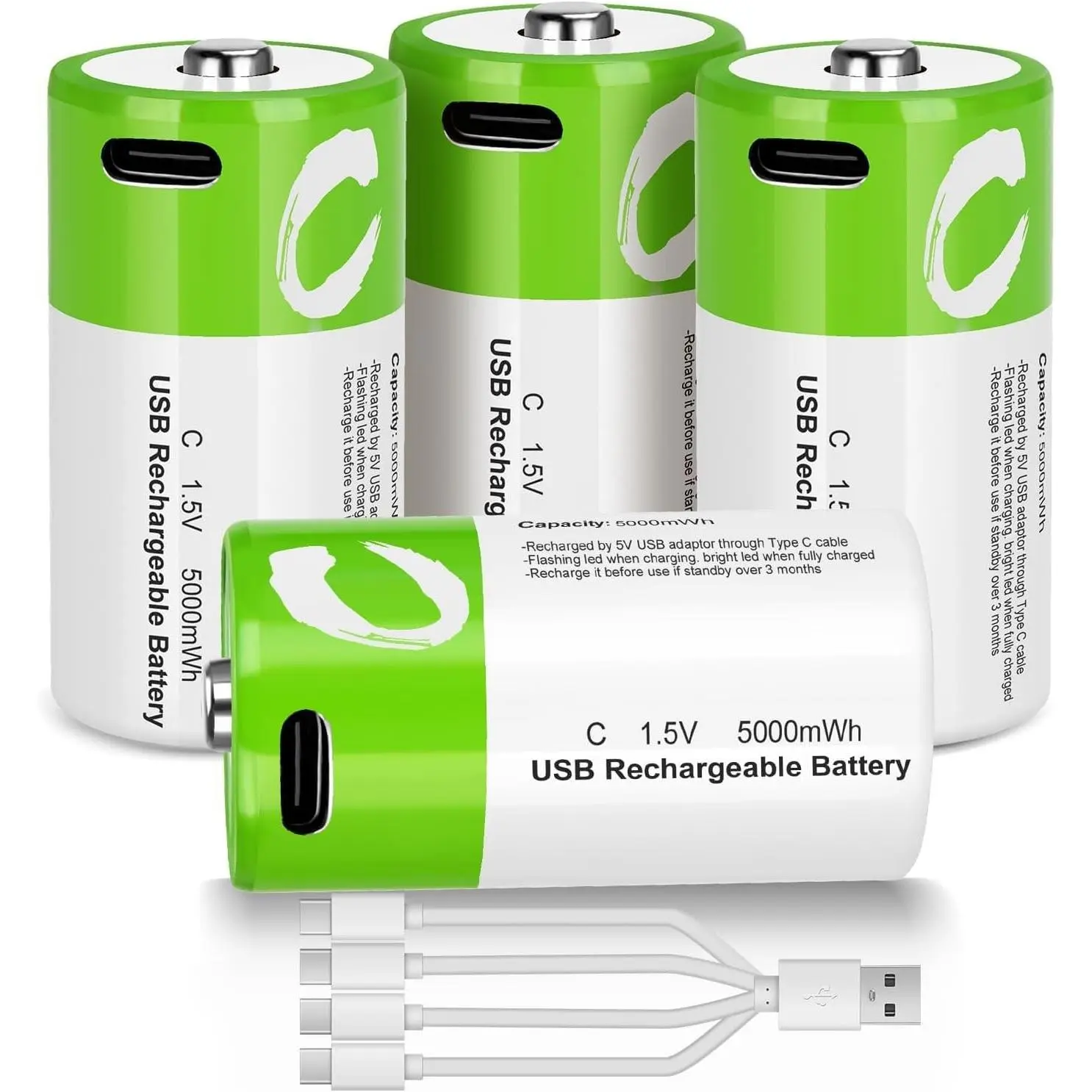 Rechargeable C Batteries 4 Pack, 5000mWh High Capacity 1.5V Li-ion C Size Batteries with 4 in 1 USB-C Charge Cable, Long Lasting