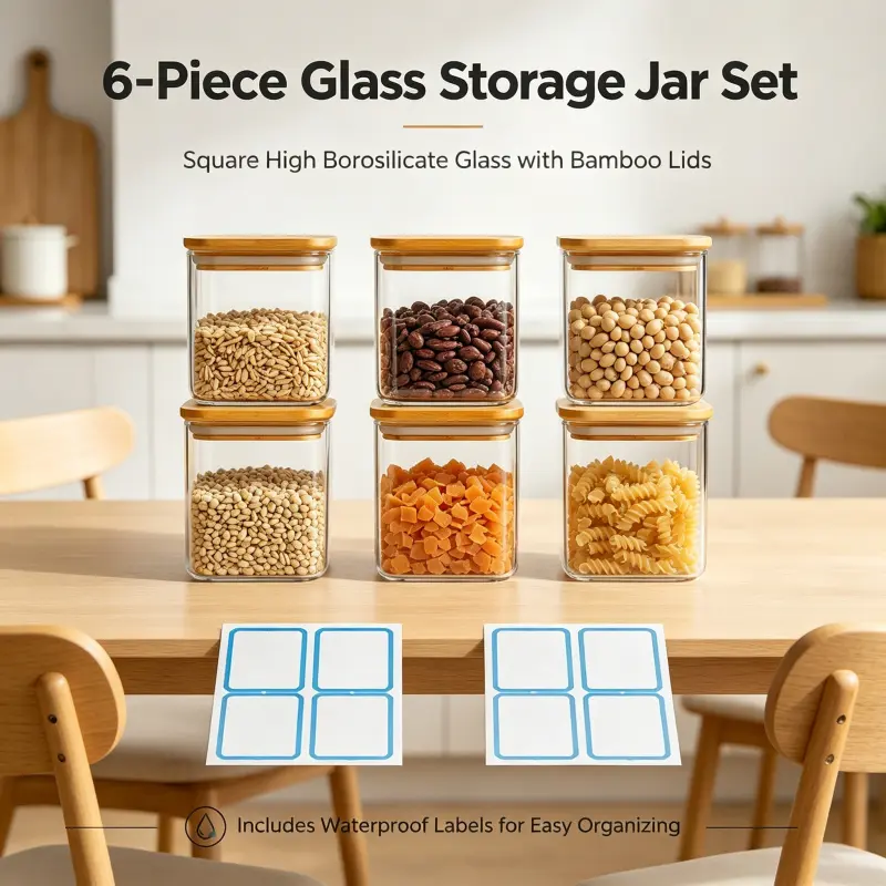 6 Set Clear Square Glass Canisters With Sealed Bamboo Covers Waterproof Label Stickers High Borosilicate Glass Food Storage Jars Glass Storage Containers For Spice Cereal Tea Coffee Storage