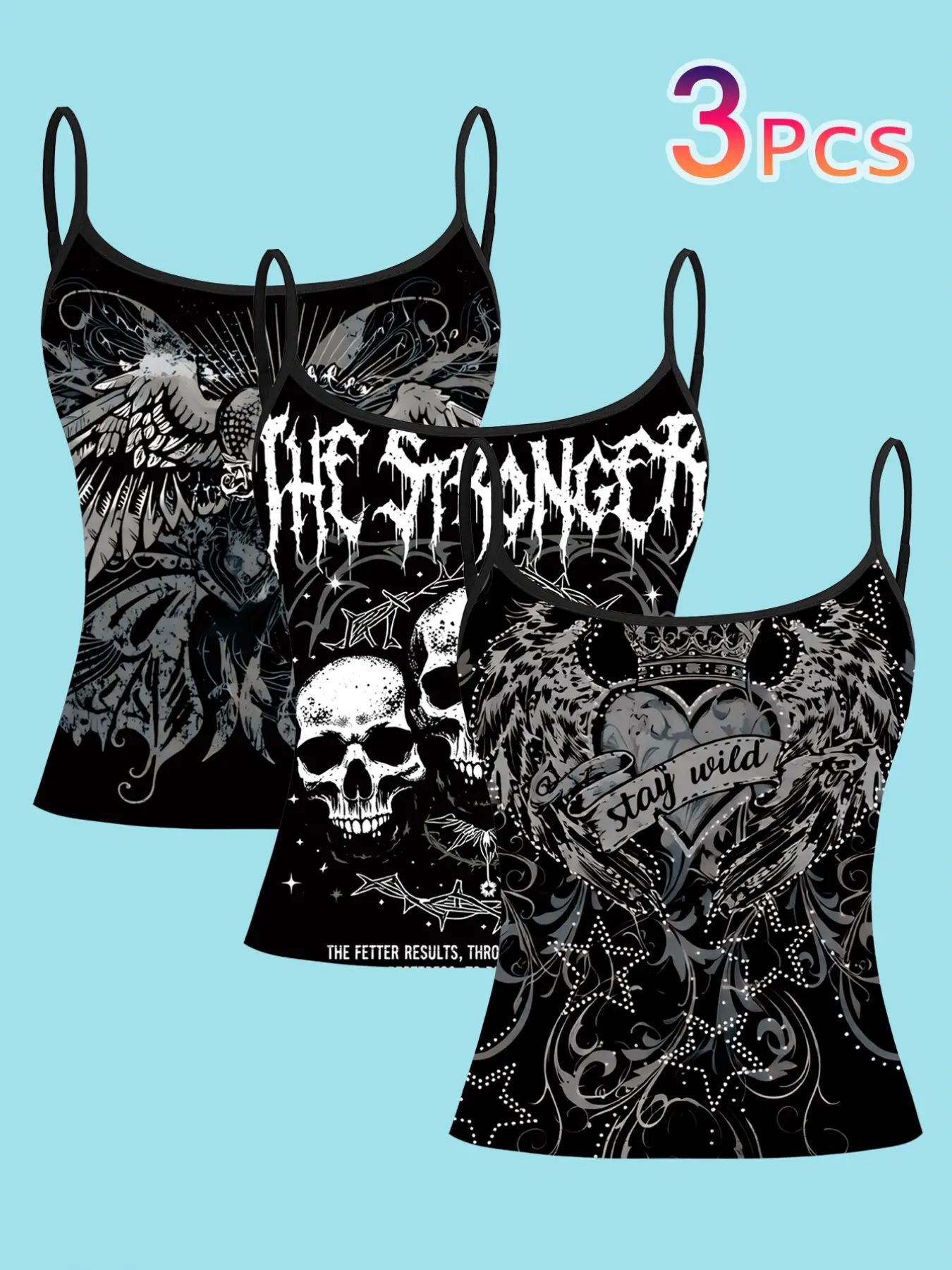 3 Piece Set Dark Skull Wing Strapless Sleeveless Vest Top, Gothic Print, Casual Fashion Sleeveless Slim-Fitting Backless Design, All Season Wear, Camisole Tops