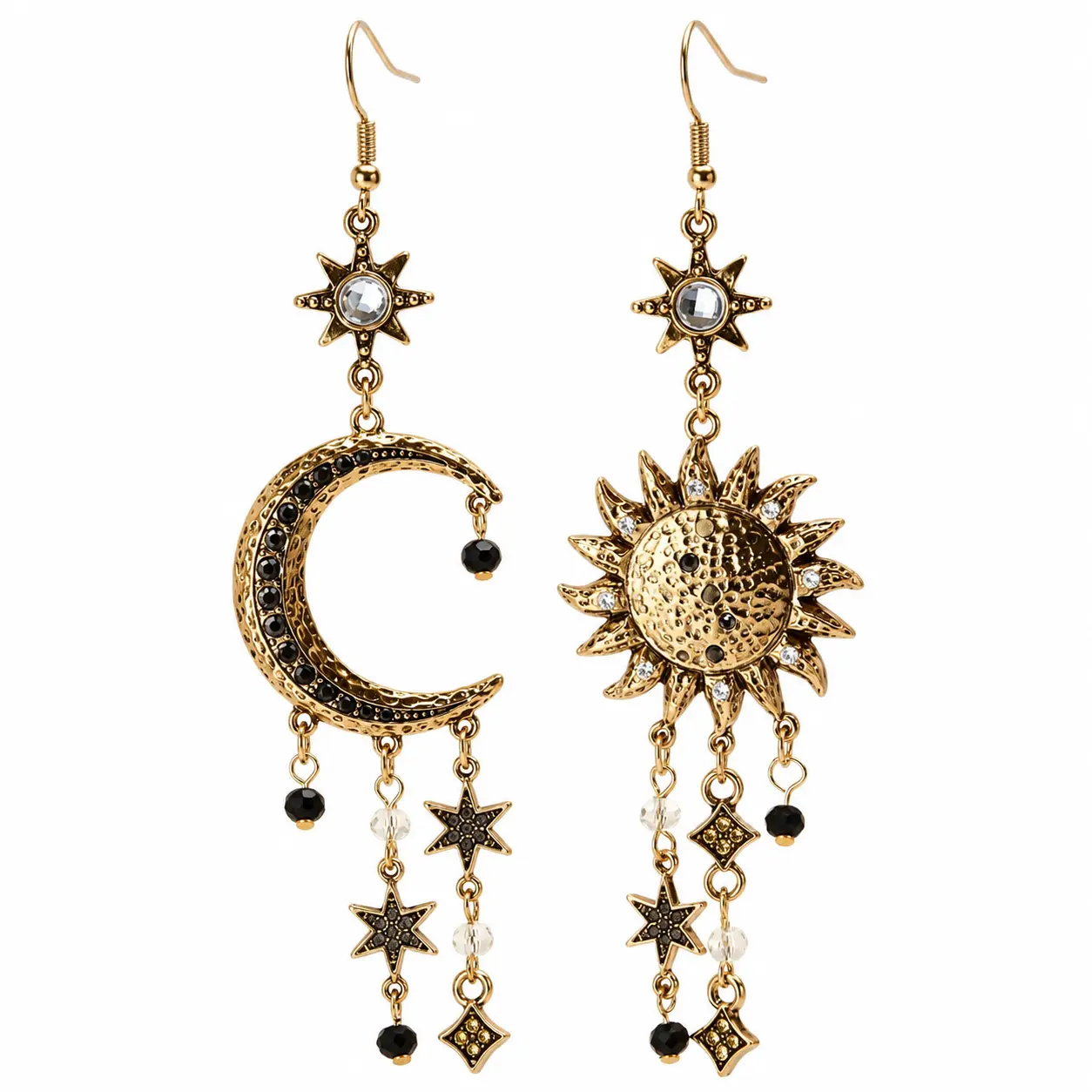 Celestial Sun Moon Dangle Earrings for Women, Vintage Gold Tone Crescent Moon & Sun Drop Earrings, Boho Star Crystal Charm Earrings, Lightweight Statement Jewelry Gift for Her