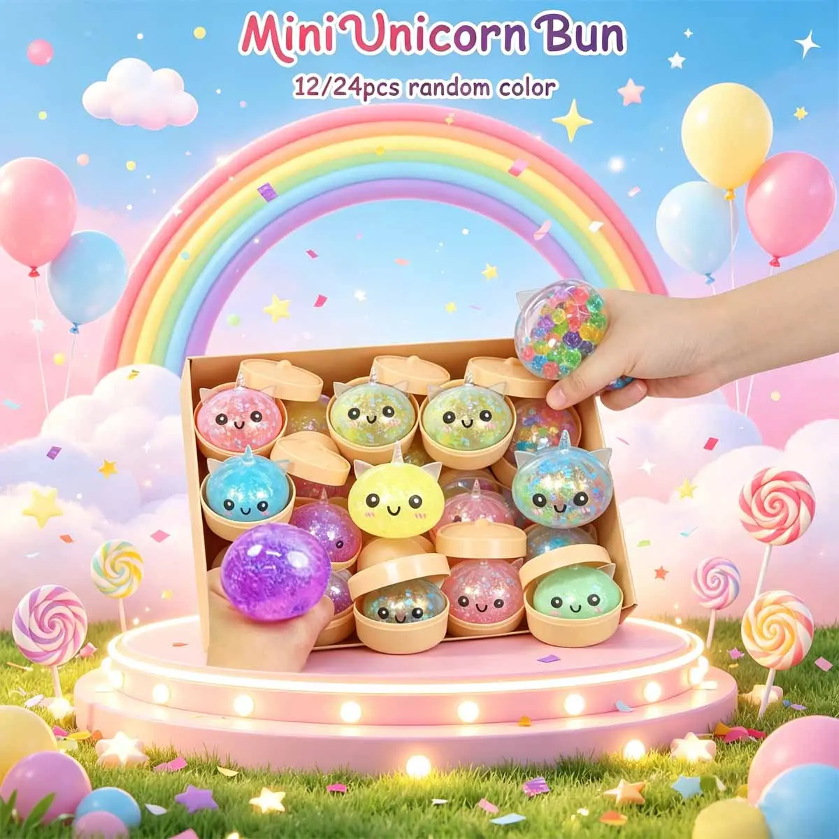 Mini Shimmery Unicorn Steamed Bun Squishy | Elastic Gel Sensory Fidget Toy for Anxiety Relief Office Desk
