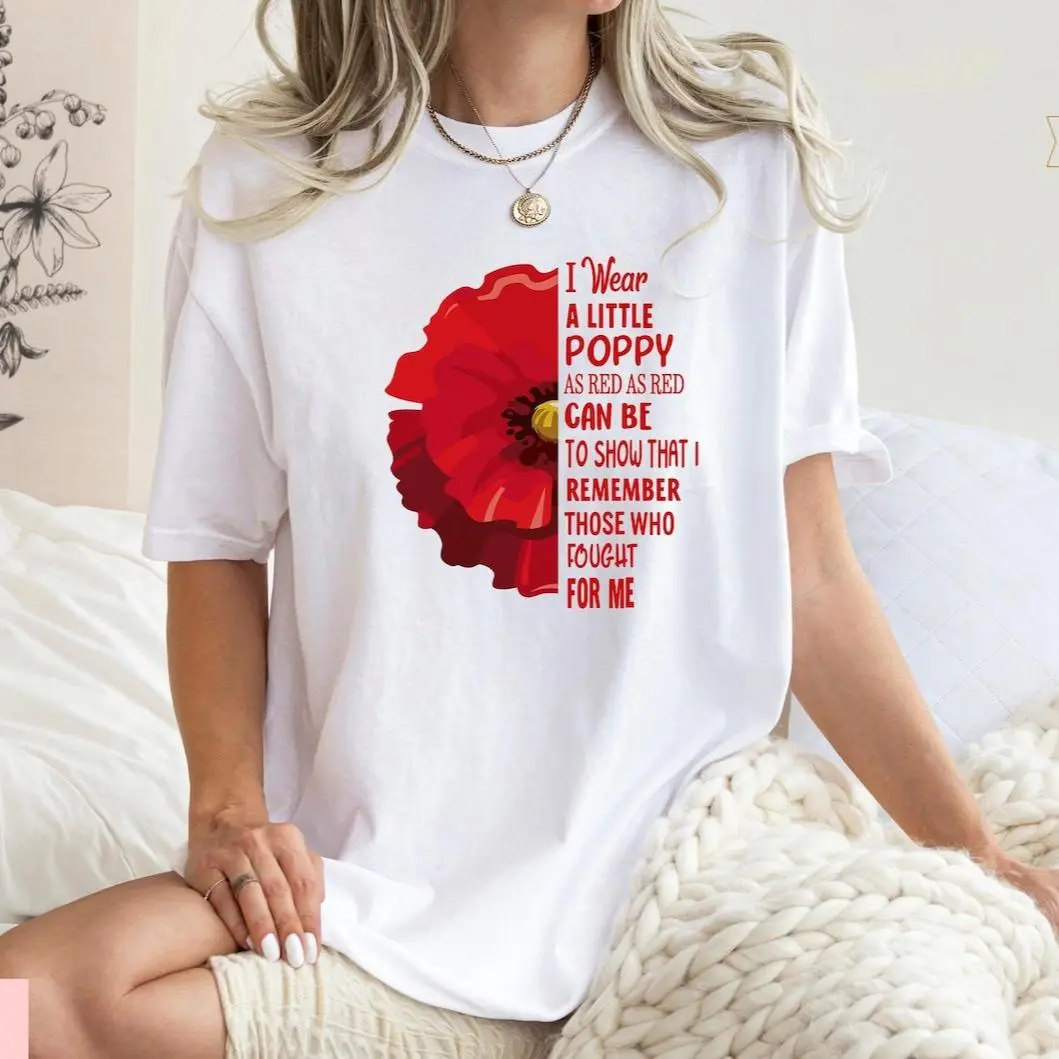 Women's Red Poppy Print Short-Sleeve Cotton Casual Tee - Oversized Round Neck Top, Patriotic Veterans Day Gift with Flattering Fit, Shortsleeve, Heat Transfer Label, Graphic, Check, Military, Memorial Theme, Oversized Cut, Loose-Fitting, Shirt, Short Slee
