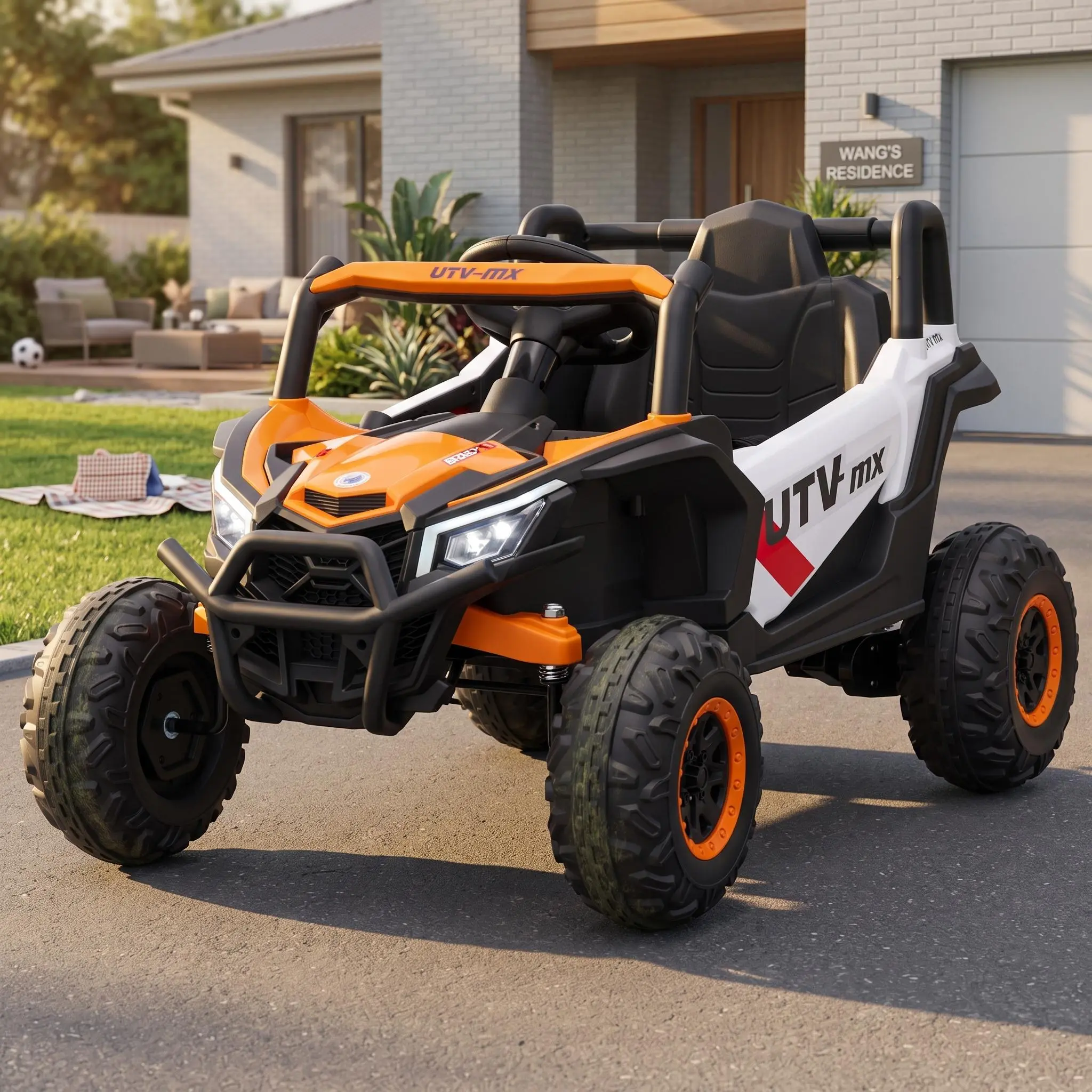 IdealHouse 12V UTV-Style Kids Ride-On Truck with Remote Control, Switchable 4WD/2WD, 4-Spring Suspension, EVA Tires, Safety Belt, Double Open Doors, Bluetooth Audio, Music, LED Lights, Electric Toy for Ages 3-8