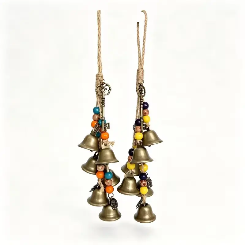 2pcs Bohemian Vintage Brass Bell Wind Chimes, Colorful Beads, Handmade Hanging Ornament, Home Door & Wall Decor, Retro Rope Wind Chime