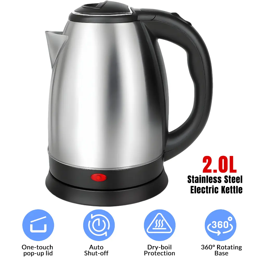 2.0L Stainless Steel Electric Kettle, Fast Boil Water Kettle with Auto Shut-Off, Dry-Boil Protection for Home Kitchen Use, -Liter Large Capacity, 110V 1000W Rapid Boiling