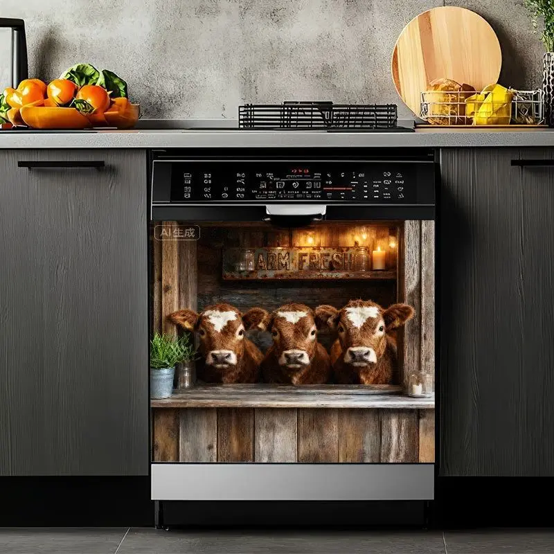 2D Flat 2Pcs Dishwasher Magnetic Front Panel Cover Decorative Decal Farm Animals Cow Design Rustic Barn Wood Country Kitchen Decoration Farmhouse Style Home Décor Removable Sticker for Refrigerator Washing Machine Appliance Modern