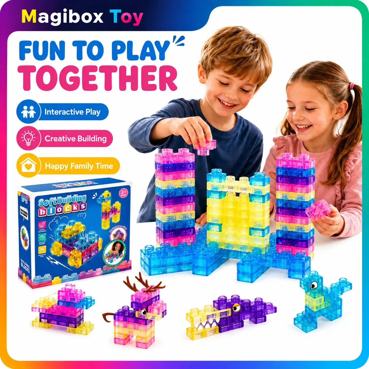 40pcs Squishy Blocks for Toddlers, Soft Jelly Creative Building Blocks, Stacking Building Blocks, Block Set, Sensory Toys for 3+ Year Old Kids, Non-Toxic Silicone, Birthday Gift