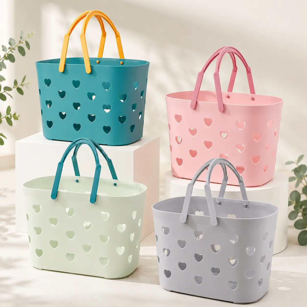 4 Pack Portable Shower Caddy Baskets with Folding Handles, Stackable Plastic Organizer Bins for Bathroom, College Dorm, Gym, Pantry, and Kitchen