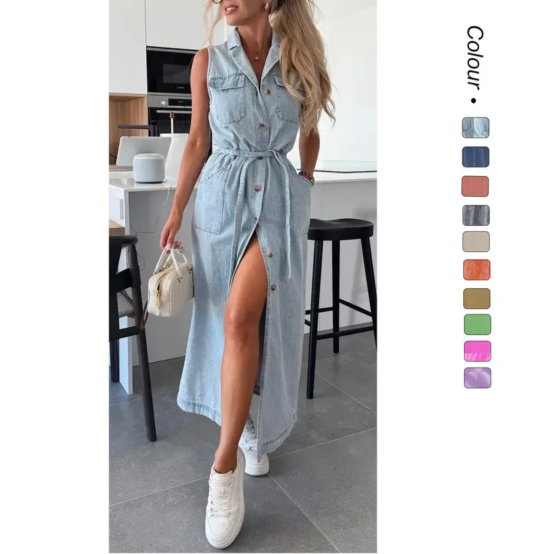New sleeveless long denim dress with tie waist and single-breasted buttons 8990