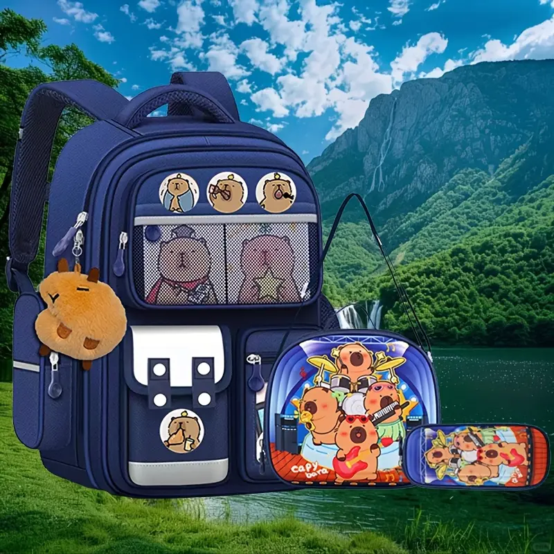 Kids' Capybara Cartoon 3pcs Set - Large Capacity Multi-Layered Nylon Blend Lightweight Breathable Travel Outing Bags, Including Mermaid Design Roller Backpack, School Bookbag, Large Capacity Backpack