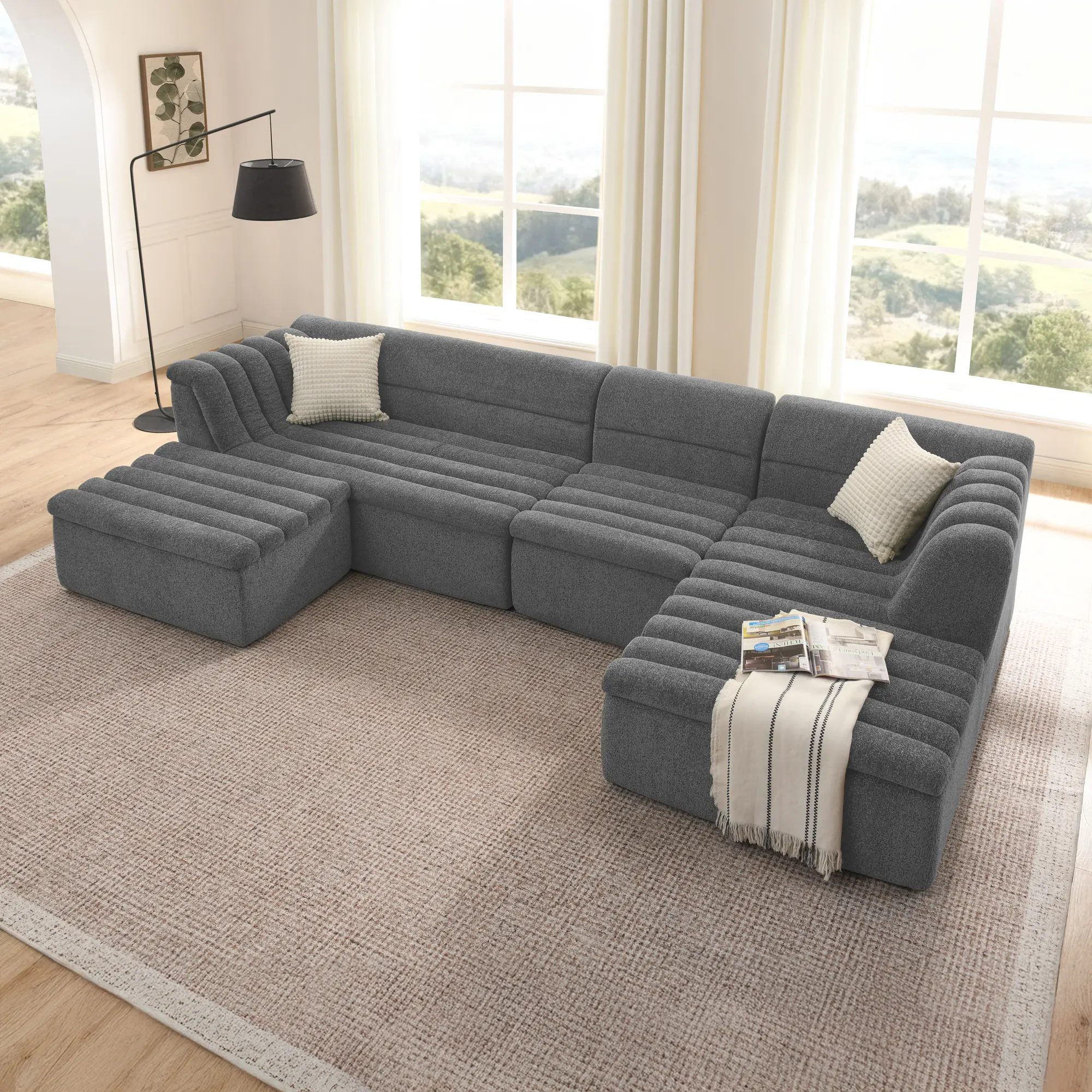 135" U-Shaped Modular Chenille Foam Sectional Sofa with Chaise, Movable Ottomans, Wave Arms - 5-Seat Living Room Couch, Boneless Design, Medium Softness, Dark Grey, No Assembly Required, Five Seats
