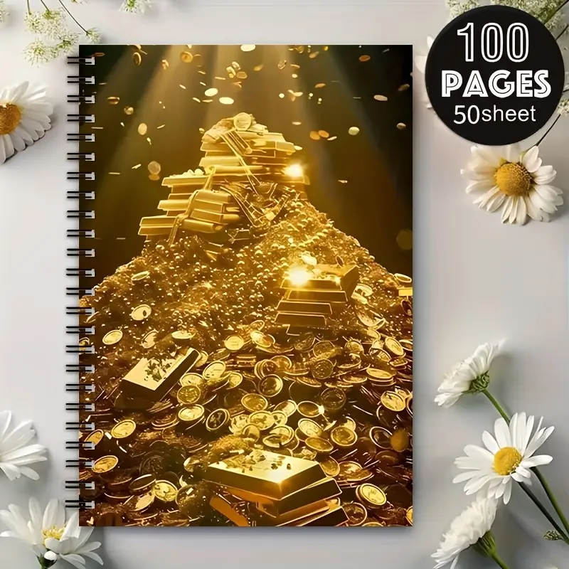 Golden treasure coins and gold bars art A5 spiral notebook, golden spiral, student and office records, meeting and class notes, professional portable planner