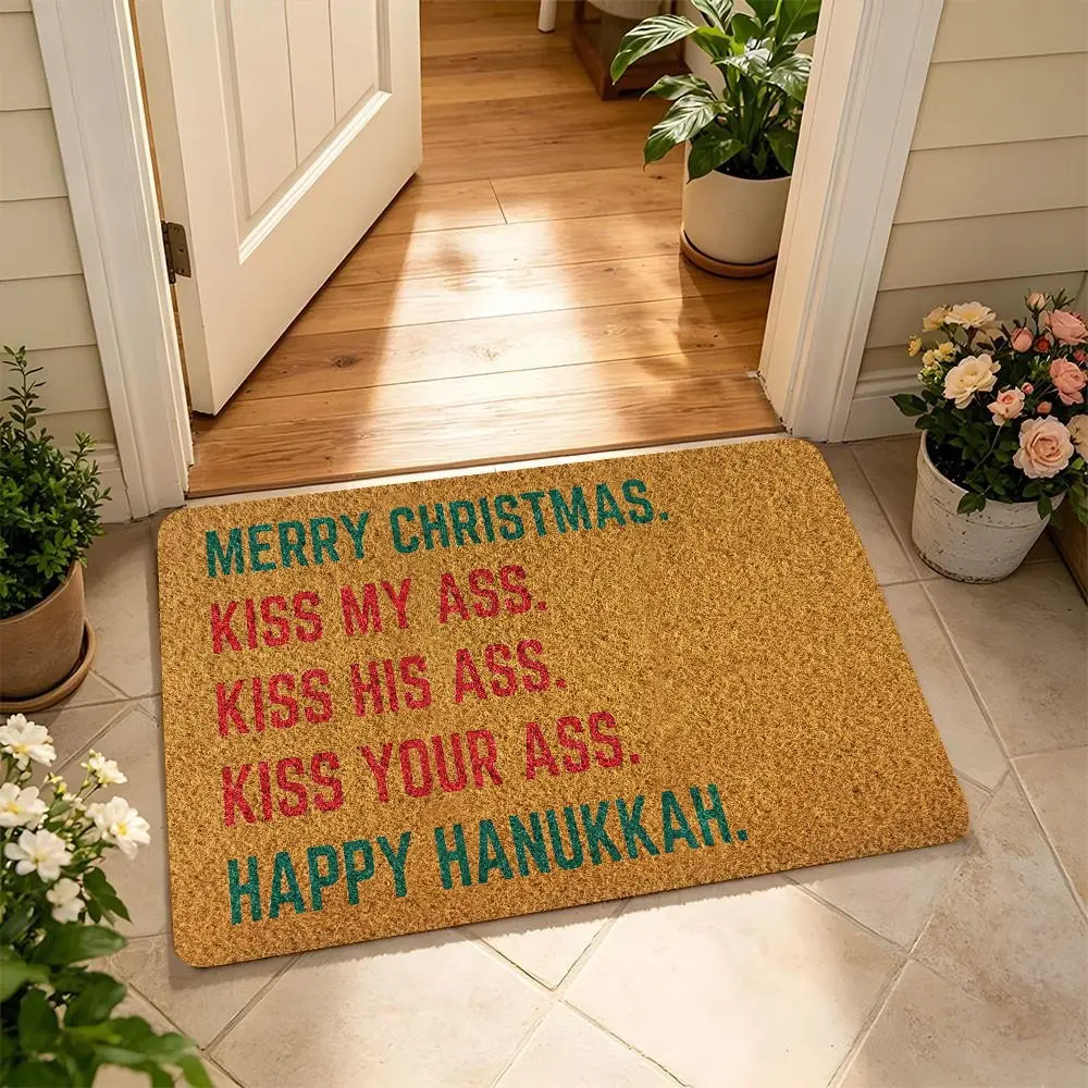 Sarcastic Holiday Coir Front Door Mat, Funny Christmas Hanukkah Welcome Mat, Non-Slip Rubber Back Low Shed Entry Rug, Humorous Seasonal Indoor Outdoor Porch Doormat, Trendy Novelty Home Decor Holiday Gift