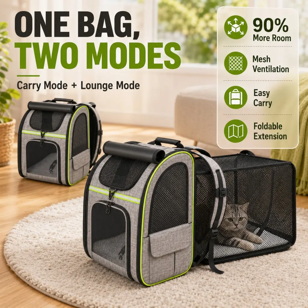 Small Pet Backpack, Expandable Space, Portable Pet Carrier, Breathable Foldable Cat Bag, Large Capacity Outdoor Cat Bag